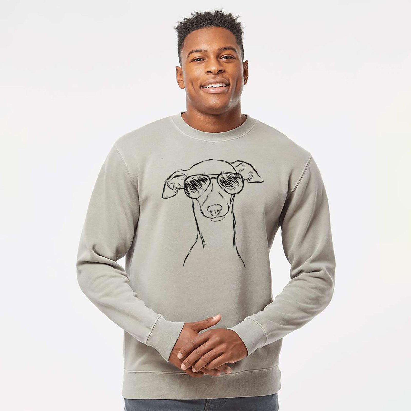 Hand-drawn sketch of Ziggie the Italian Greyhound wearing aviator sunglasses on a Cement Unisex pigment dyed crew sweatshirt