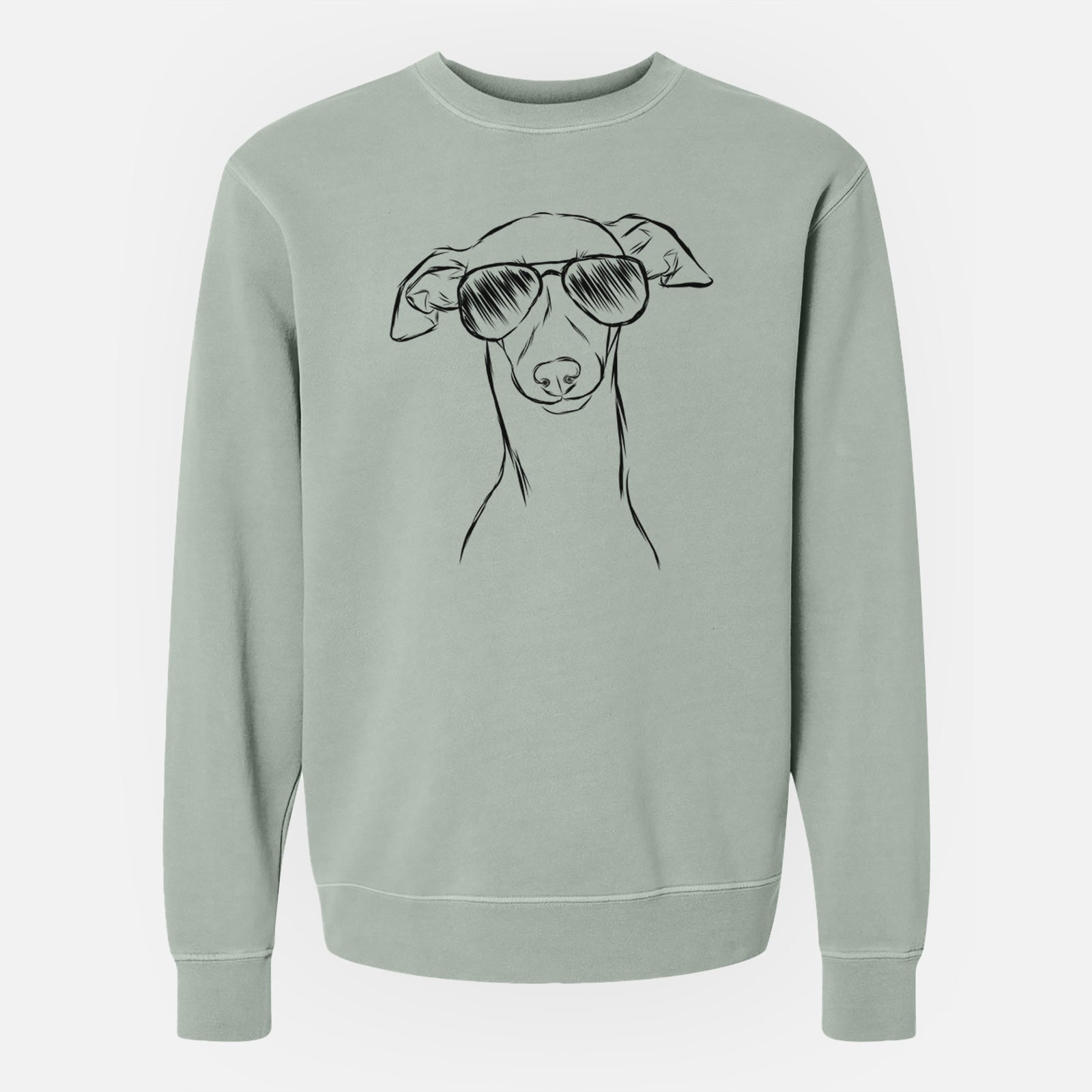 Hand-drawn sketch of Ziggie the Italian Greyhound wearing aviator sunglasses on a Sage Unisex pigment dyed crew sweatshirt