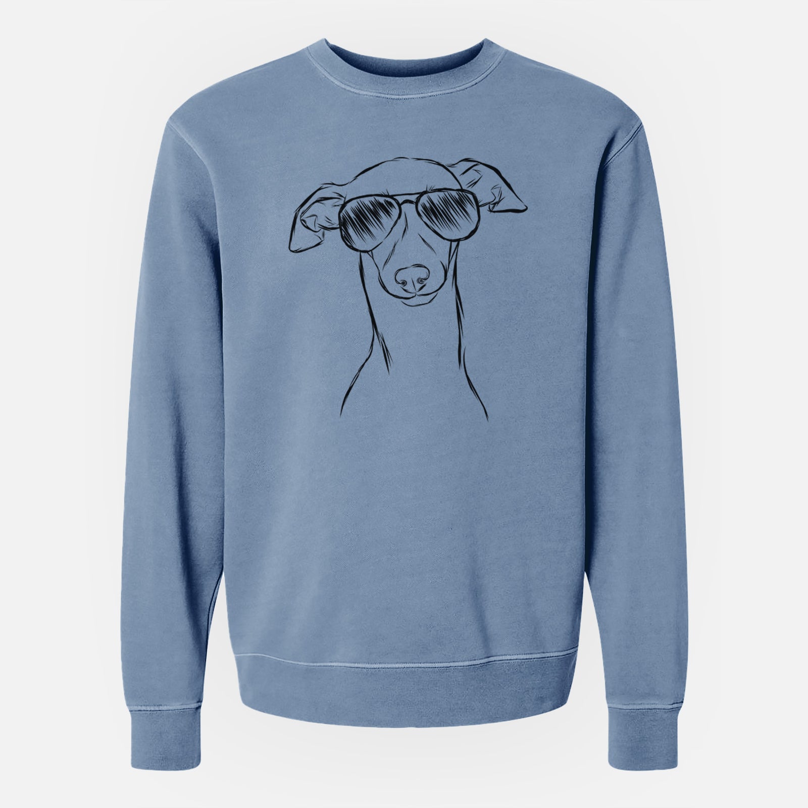 Hand-drawn sketch of Ziggie the Italian Greyhound wearing aviator sunglasses on a Slate Blue Unisex pigment dyed crew sweatshirt