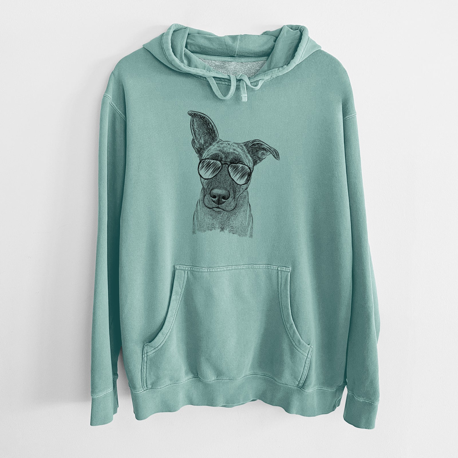Hand-drawn sketch of Zoey the Mixed Breed wearing aviator sunglasses on a Mint Unisex pigment dyed hoodie