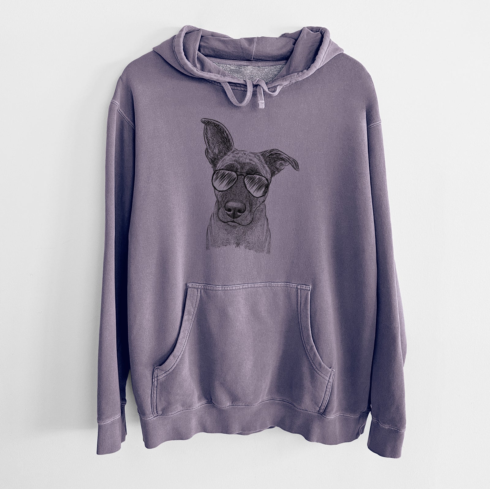 Hand-drawn sketch of Zoey the Mixed Breed wearing aviator sunglasses on a Plum Unisex pigment dyed hoodie