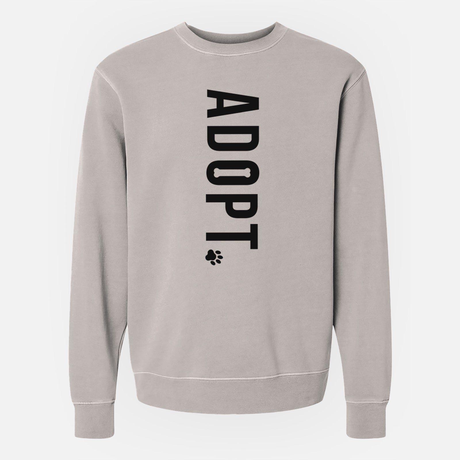 'Adopt' design on a Cement Unisex pigment dyed crew sweatshirt