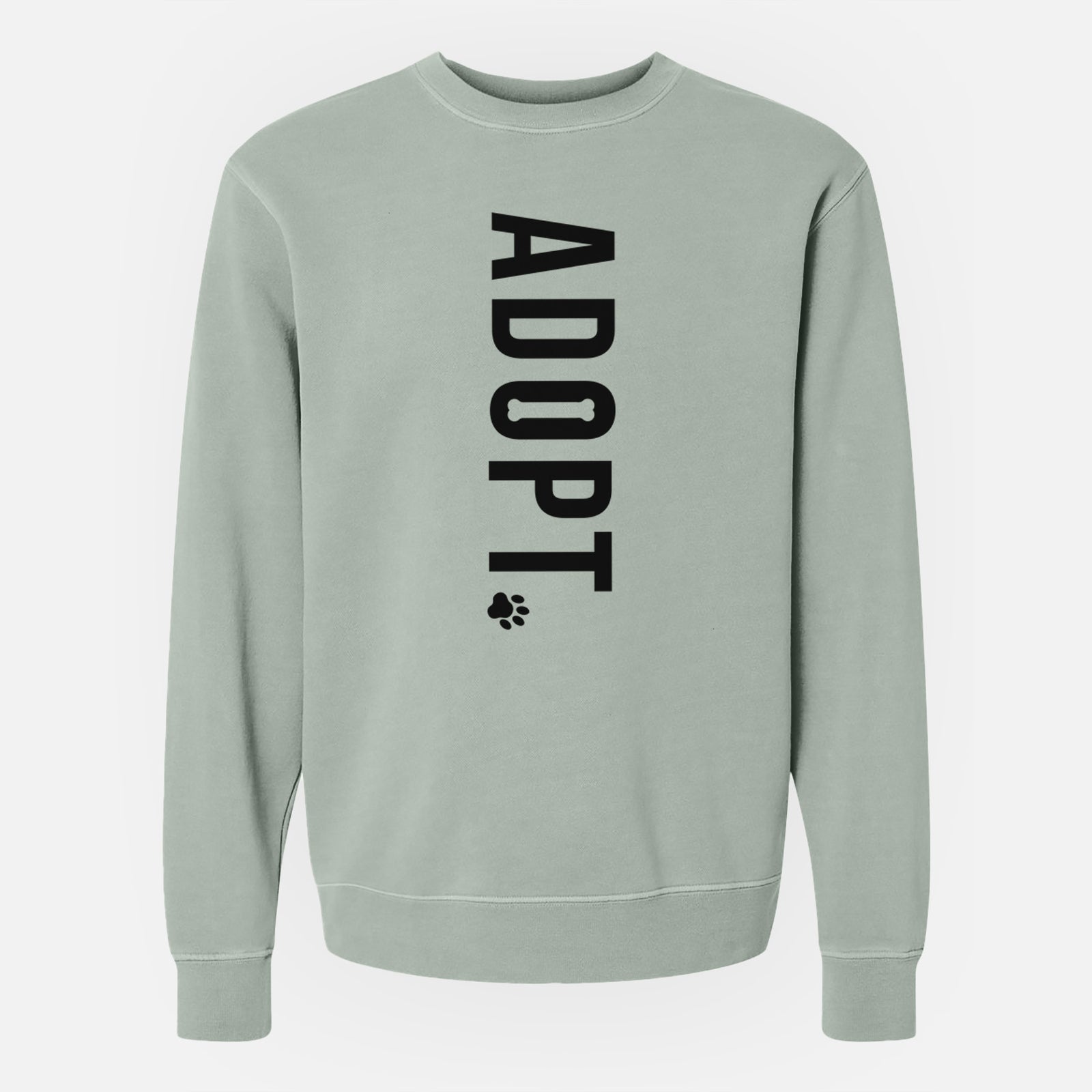 'Adopt' design on a Sage Unisex pigment dyed crew sweatshirt