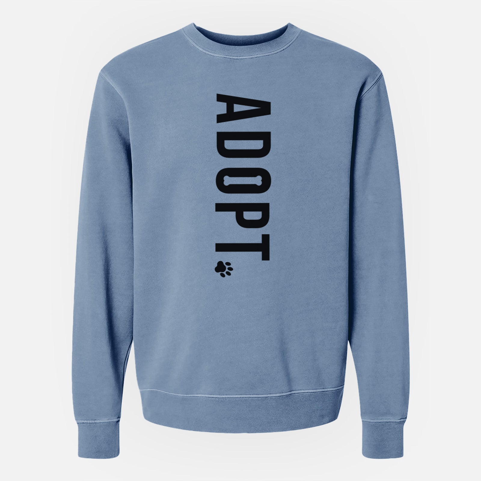 'Adopt' design on a Slate Blue Unisex pigment dyed crew sweatshirt
