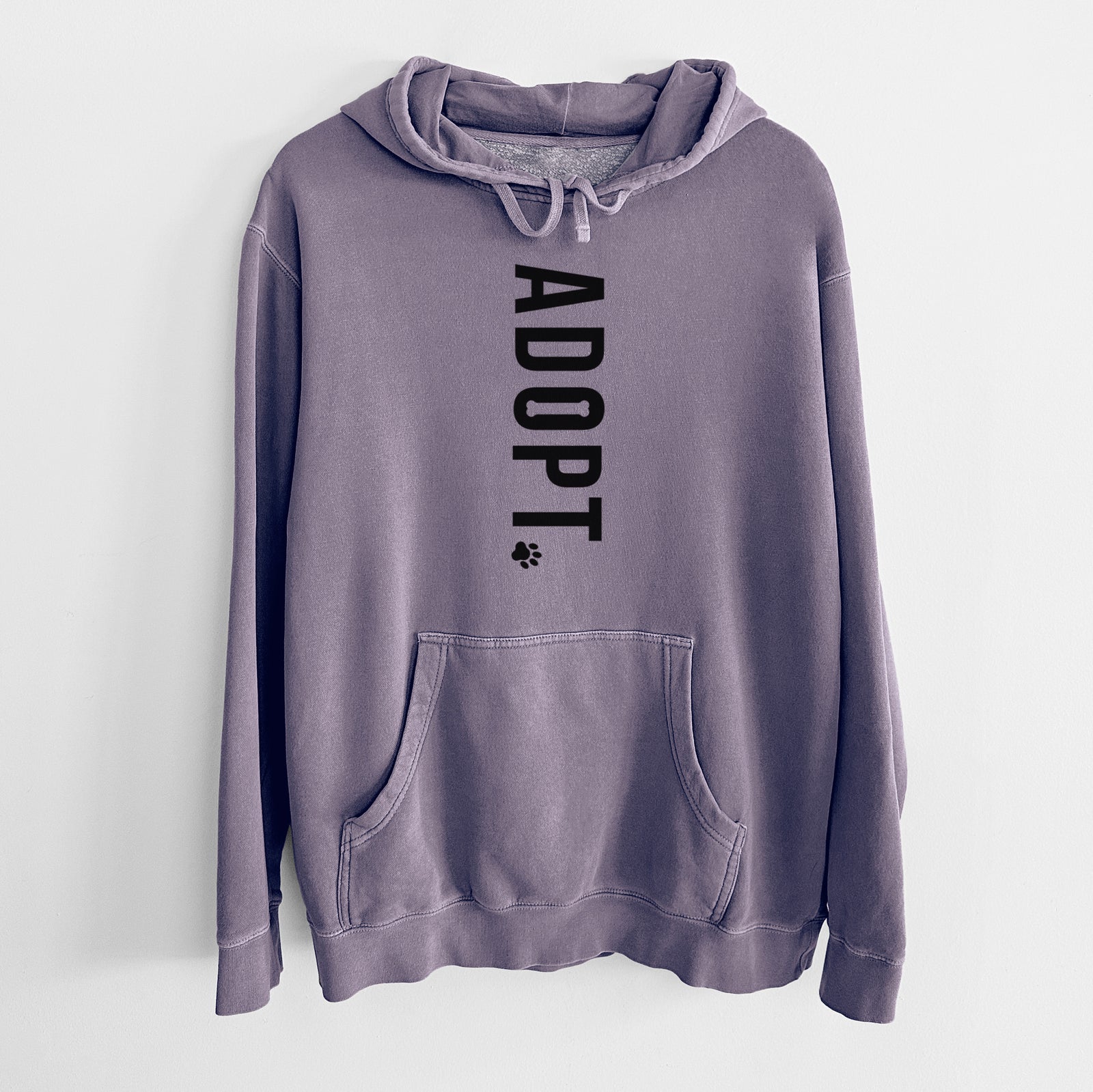 'Adopt' design on a Plum Unisex pigment dyed hoodie