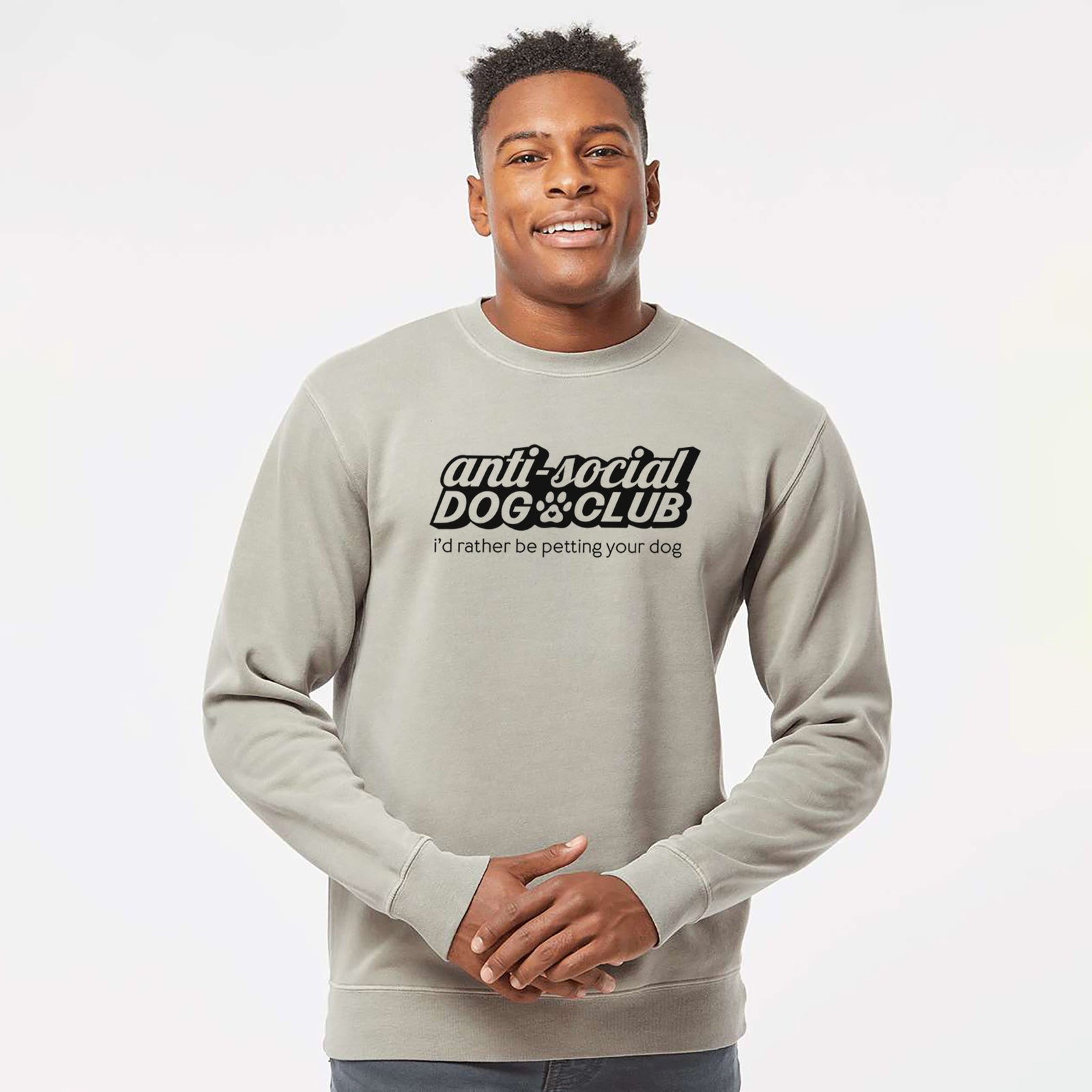 'Anti Social Dog Club' design on a Cement Unisex pigment dyed crew sweatshirt