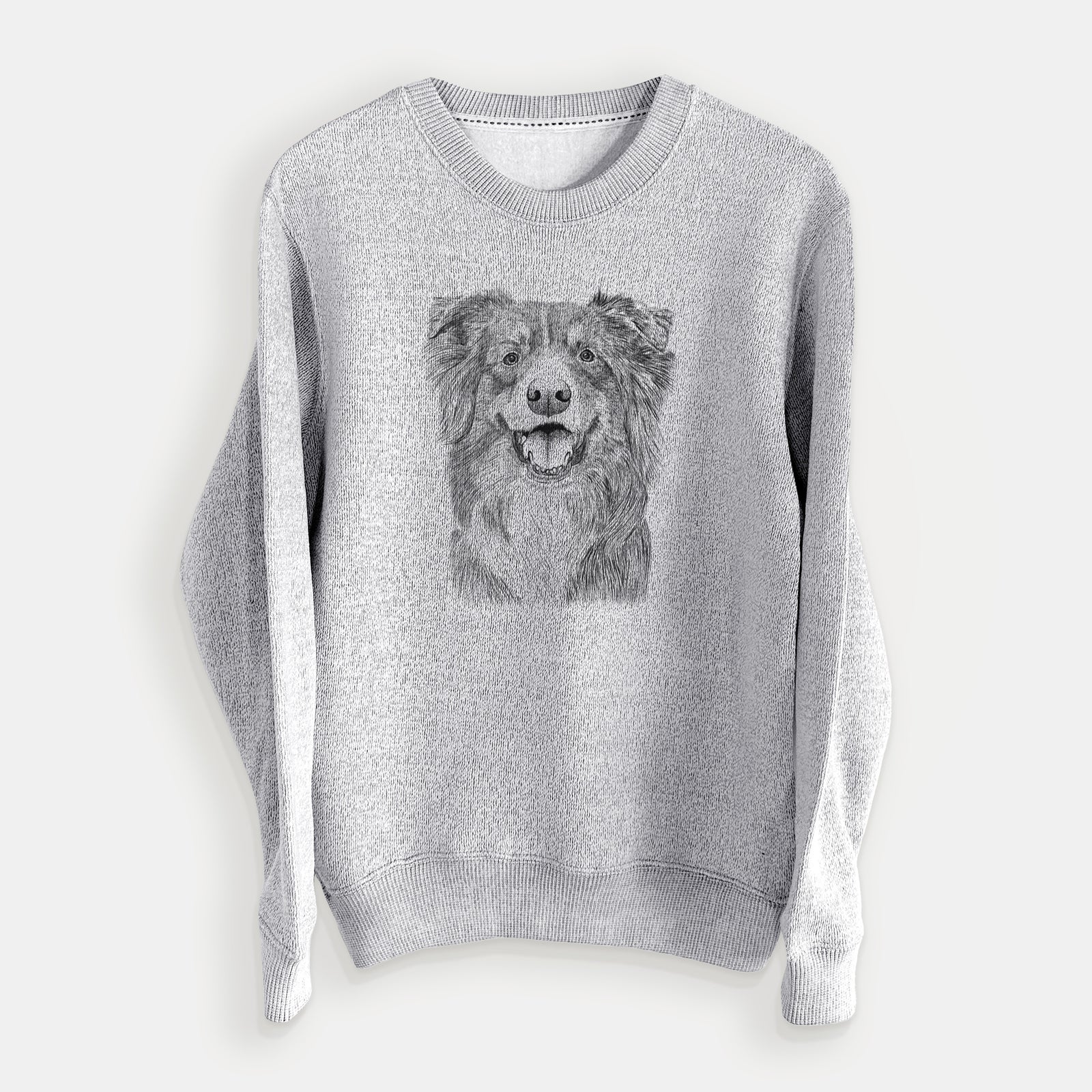 Hand-drawn sketch of Aussie Parker the Australian Shepherd on a Salt Pepper knit sweatshirt