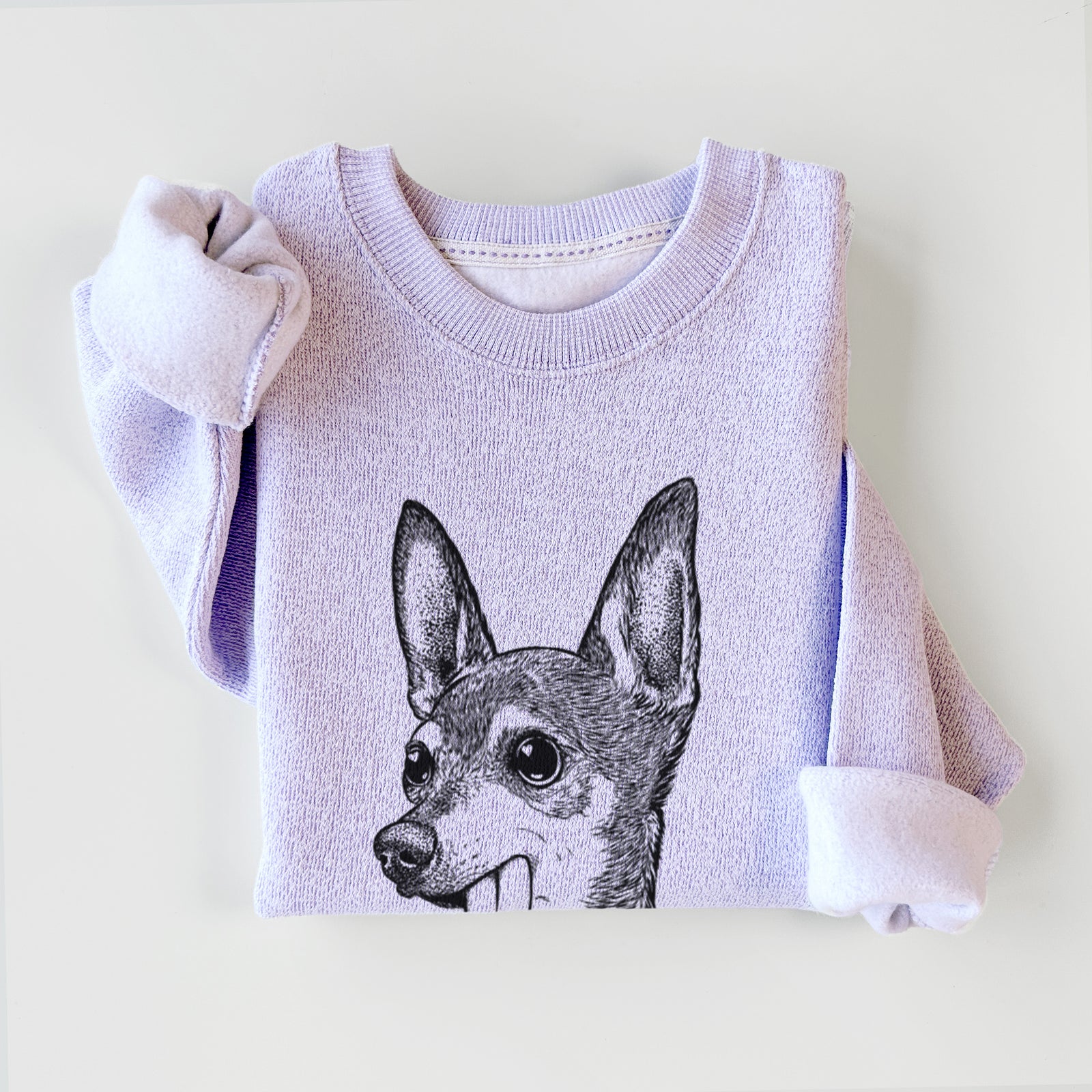 Hand-drawn sketch of Aaron the Chihuahua on an Ice Purple knit sweatshirt