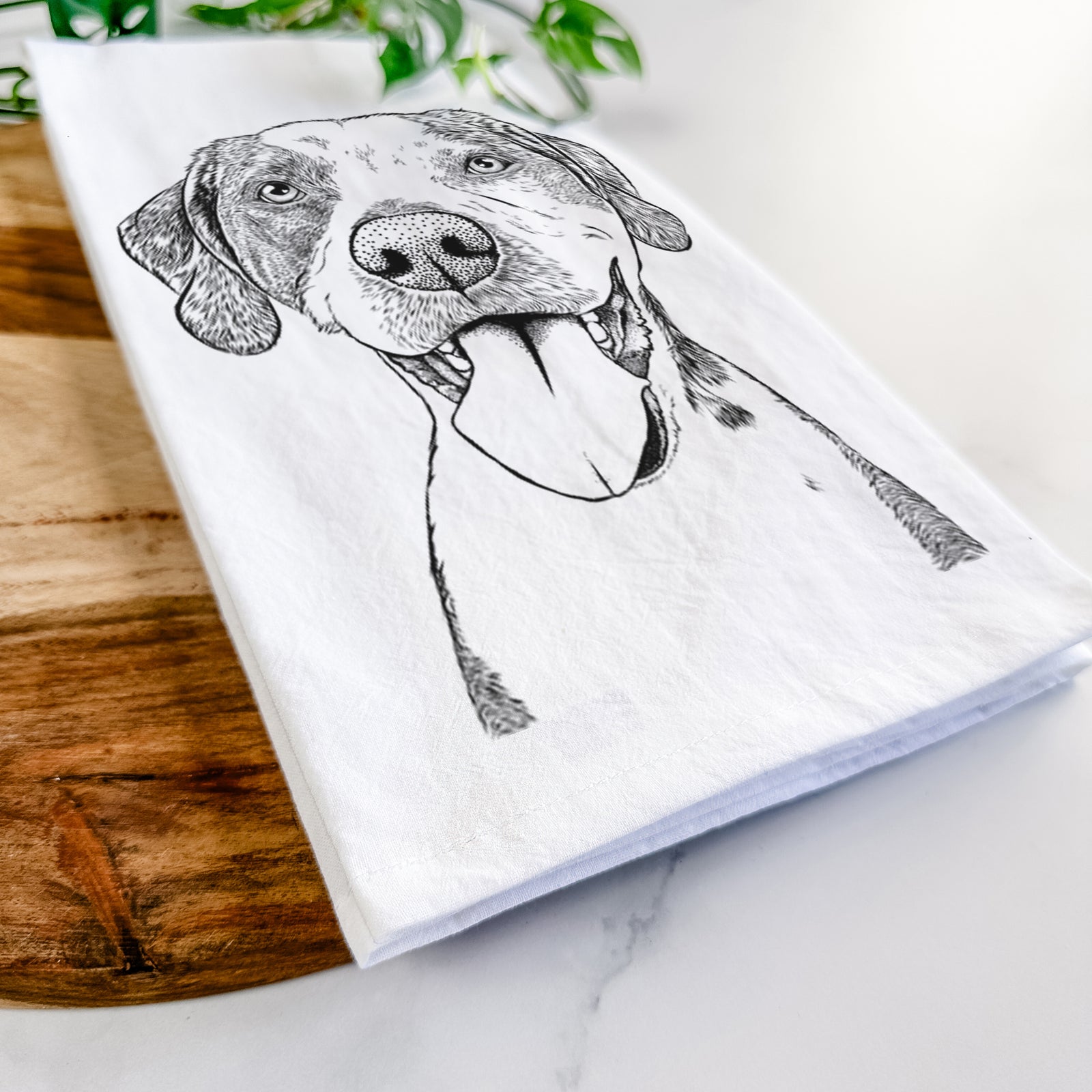 Hand-drawn sketch of Ace Boogie the Mixed Breed on a tea towel
