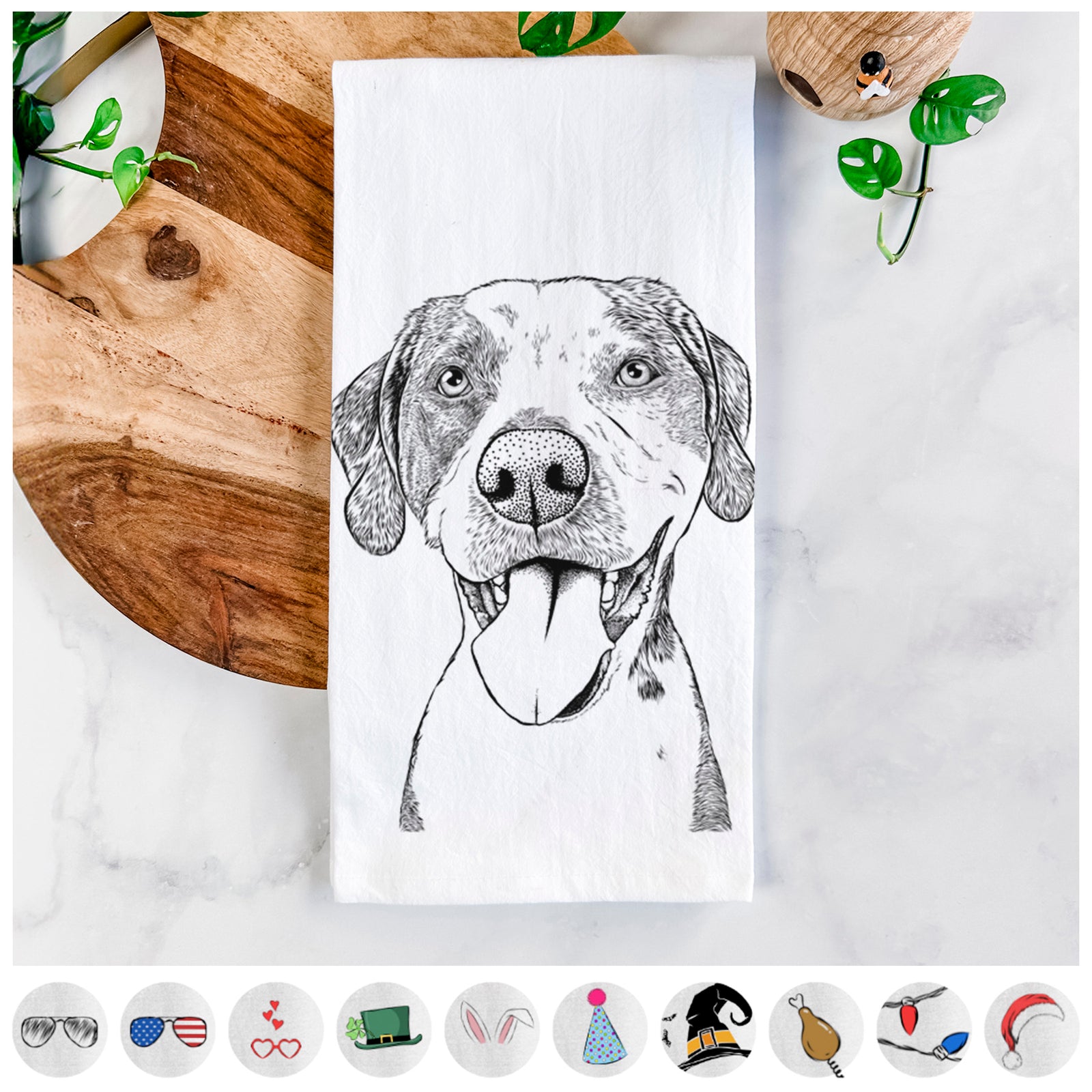 Hand-drawn sketch of Ace Boogie the Mixed Breed on a tea towel, shown with icons of the other available costume styles