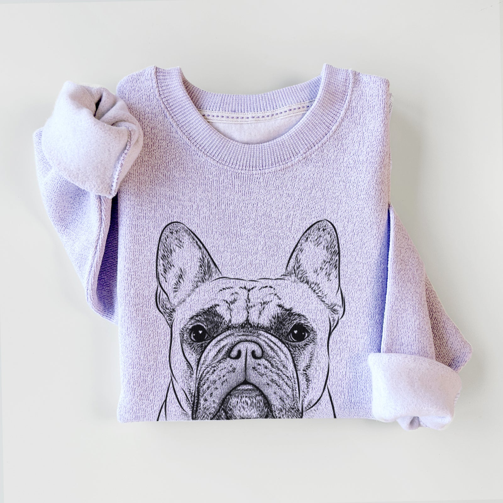 Hand-drawn sketch of Acelynn the French Bulldog on an Ice Purple knit sweatshirt