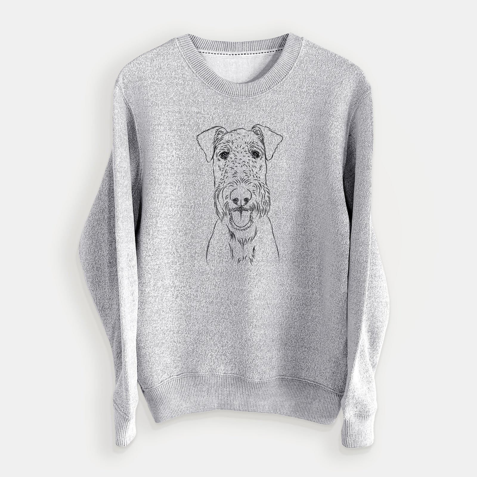 Hand-drawn sketch of Andy the Airedale Terrier on a Salt Pepper knit sweatshirt