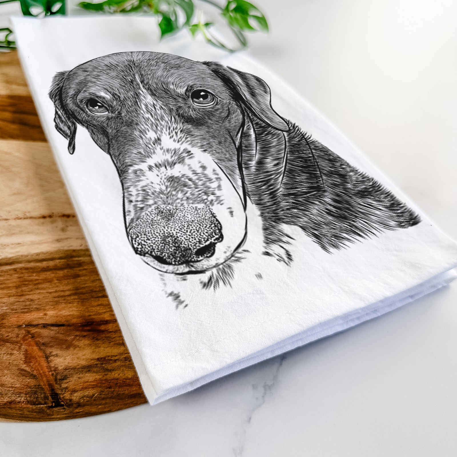 Hand-drawn sketch of Angel Orion the Mixed Breed on a tea towel