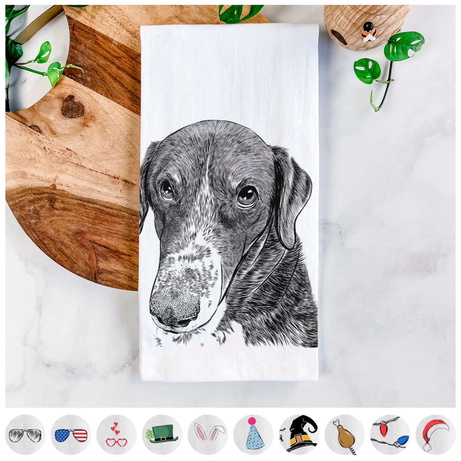 Hand-drawn sketch of Angel Orion the Mixed Breed on a tea towel, shown with icons of the other available costume styles
