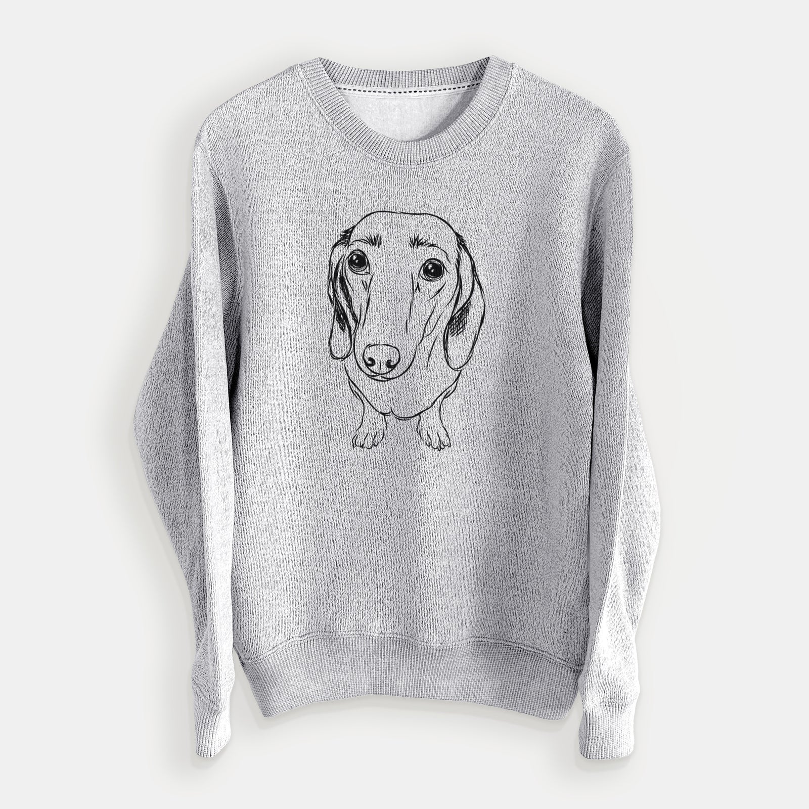 Hand-drawn sketch of Annabelle the Dachshund on a Salt Pepper knit sweatshirt