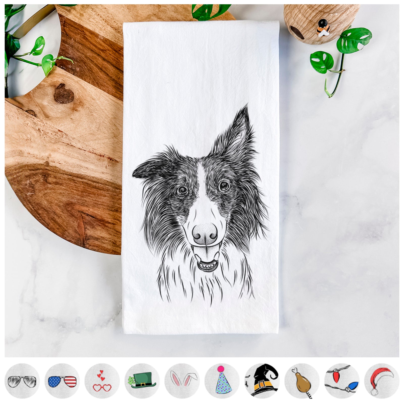 Hand-drawn sketch of Archie the Silken Windhound on a tea towel, shown with icons of the other available costume styles