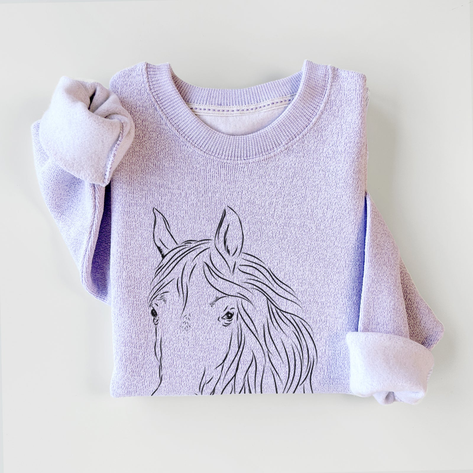 Hand-drawn sketch of Aria the Horse on an Ice Purple knit sweatshirt