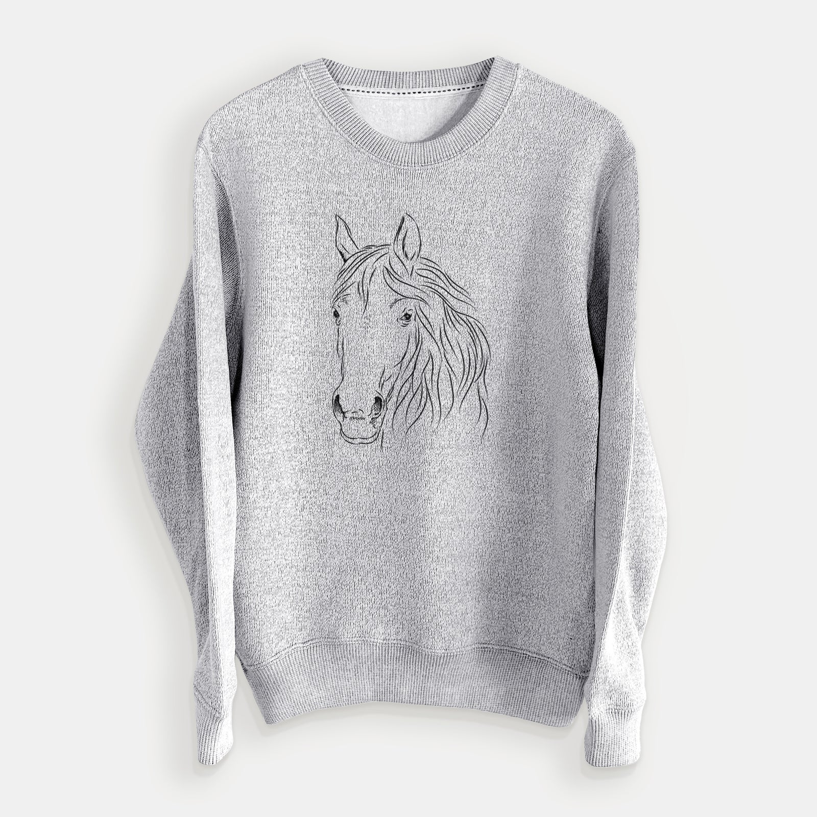Hand-drawn sketch of Aria the Horse on a Salt Pepper knit sweatshirt