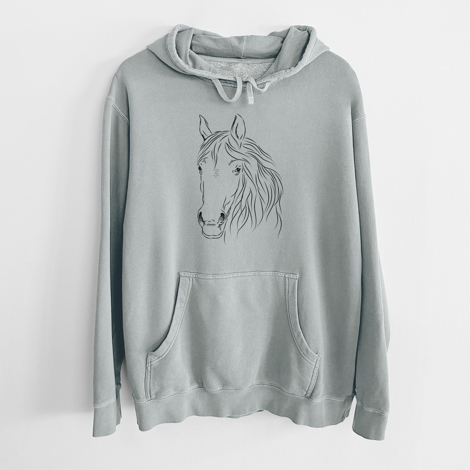 Hand-drawn sketch of Aria the Horse on a Sage Unisex pigment dyed hoodie
