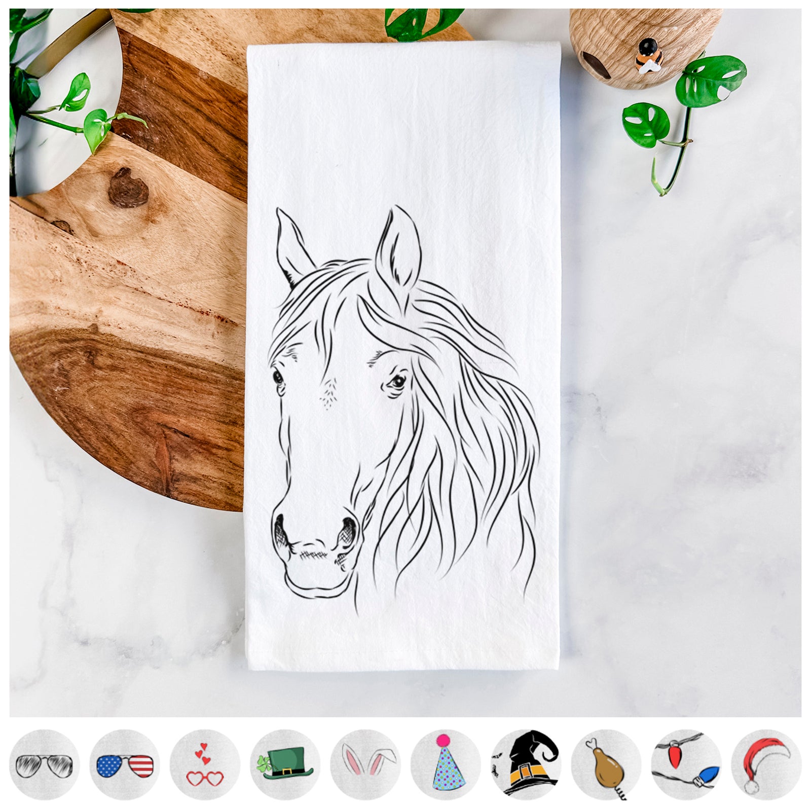 Hand-drawn sketch of Aria the Horse on a tea towel, shown with icons of the other available costume styles