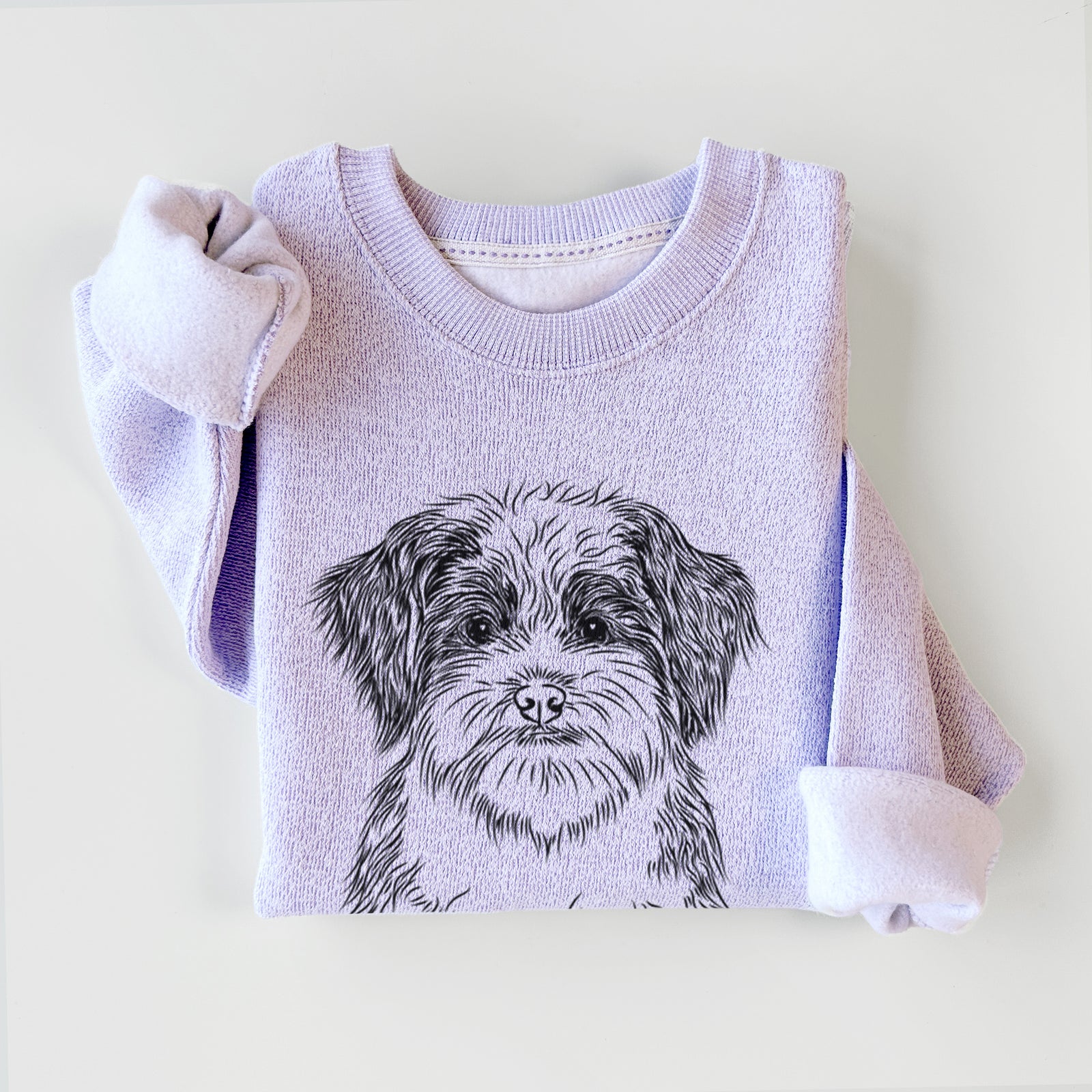 Hand-drawn sketch of Asa the Havanese on an Ice Purple knit sweatshirt