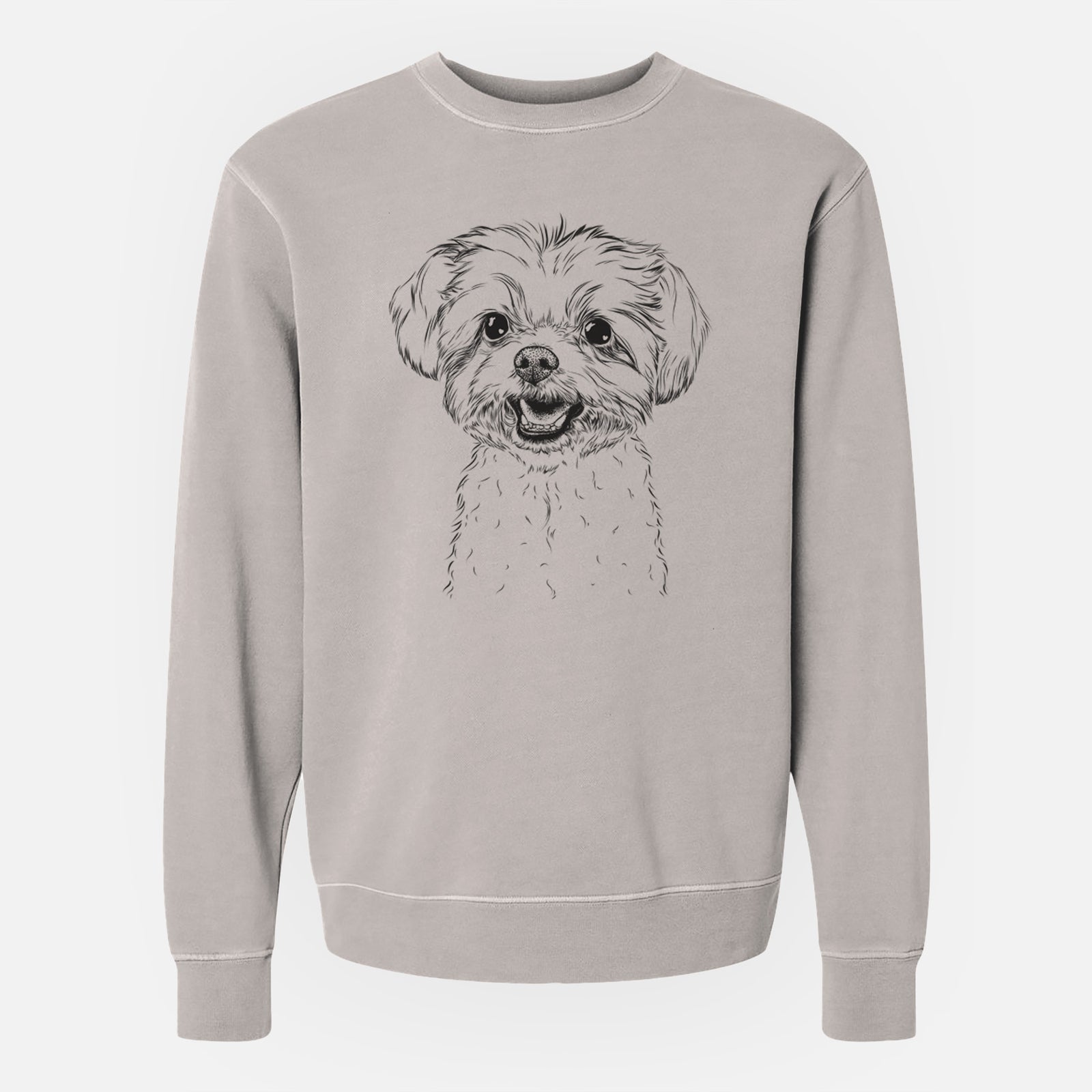 Hand-drawn sketch of Aspen the Morkie on a Cement Unisex pigment dyed crew sweatshirt