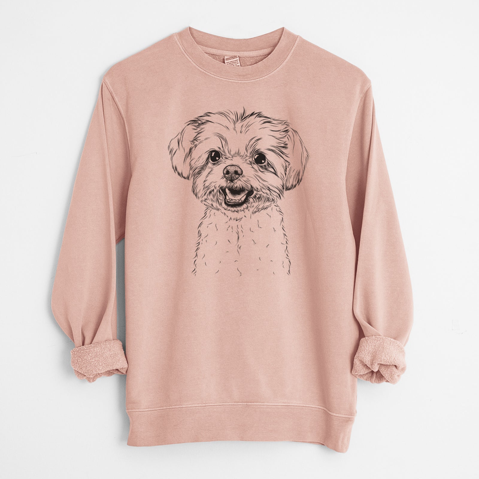 Hand-drawn sketch of Aspen the Morkie on a Dusty Pink Unisex pigment dyed crew sweatshirt