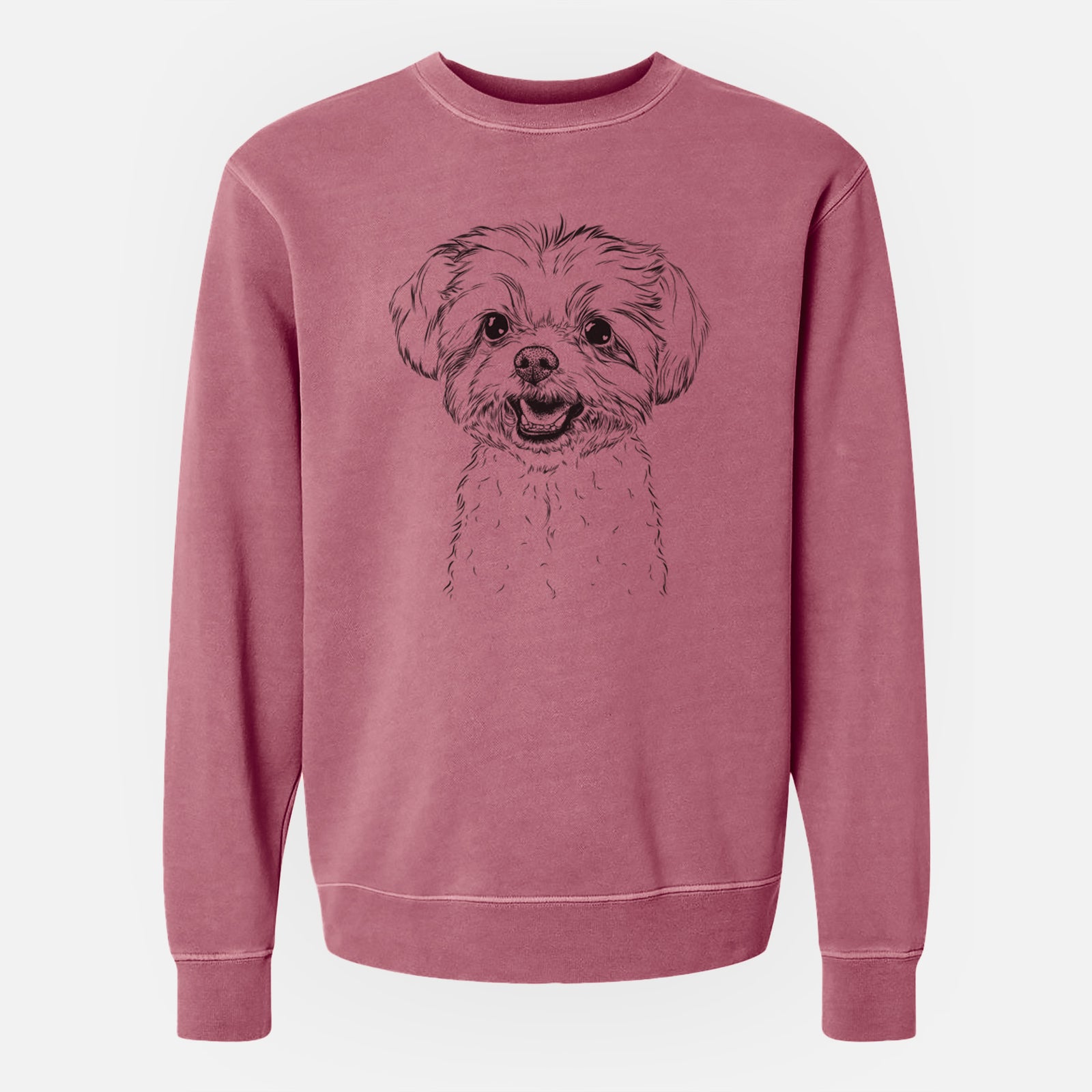 Hand-drawn sketch of Aspen the Morkie on a Maroon Unisex pigment dyed crew sweatshirt