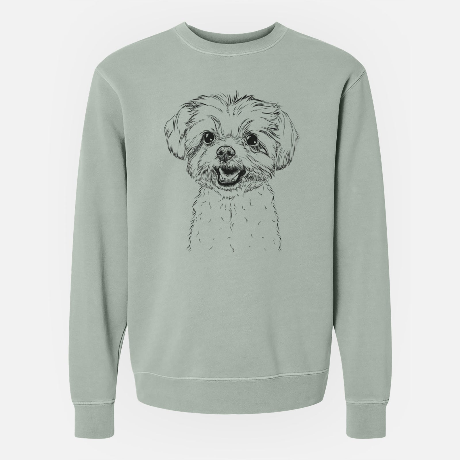 Hand-drawn sketch of Aspen the Morkie on a Sage Unisex pigment dyed crew sweatshirt
