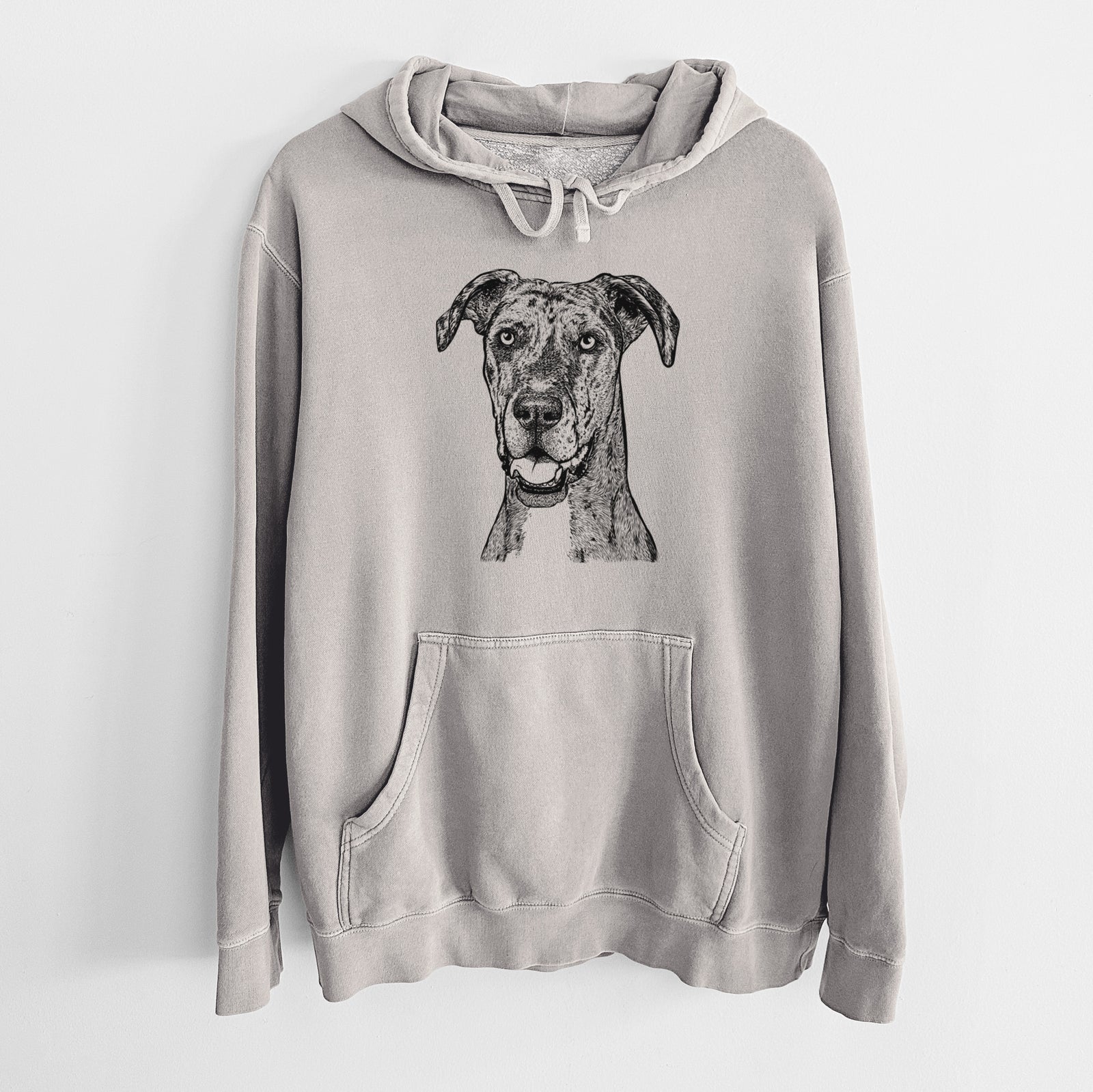 Hand-drawn sketch of Athena the Merle Great Dane on a Cement Unisex pigment dyed hoodie