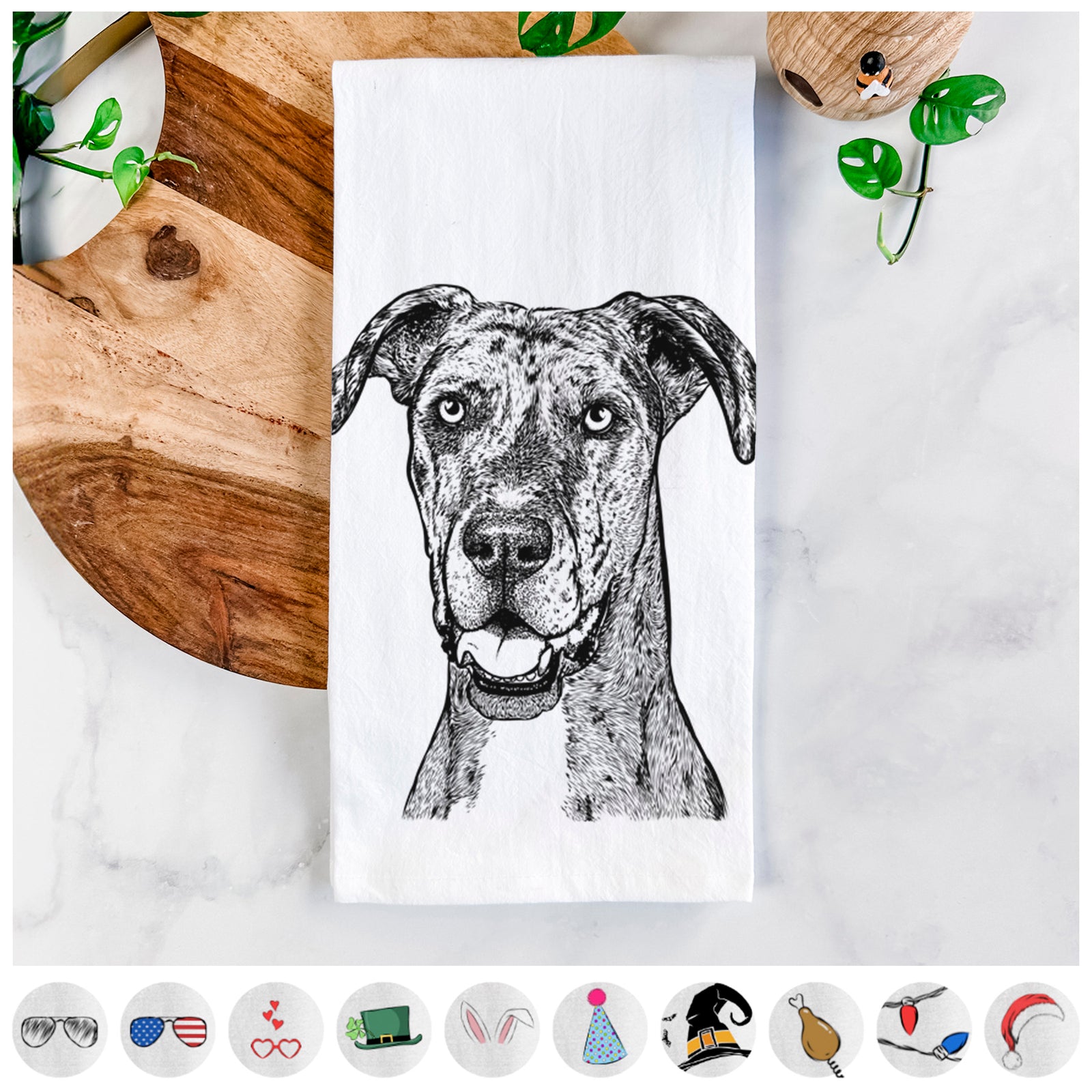 Hand-drawn sketch of Athena the Merle Great Dane on a tea towel, shown with icons of the other available costume styles