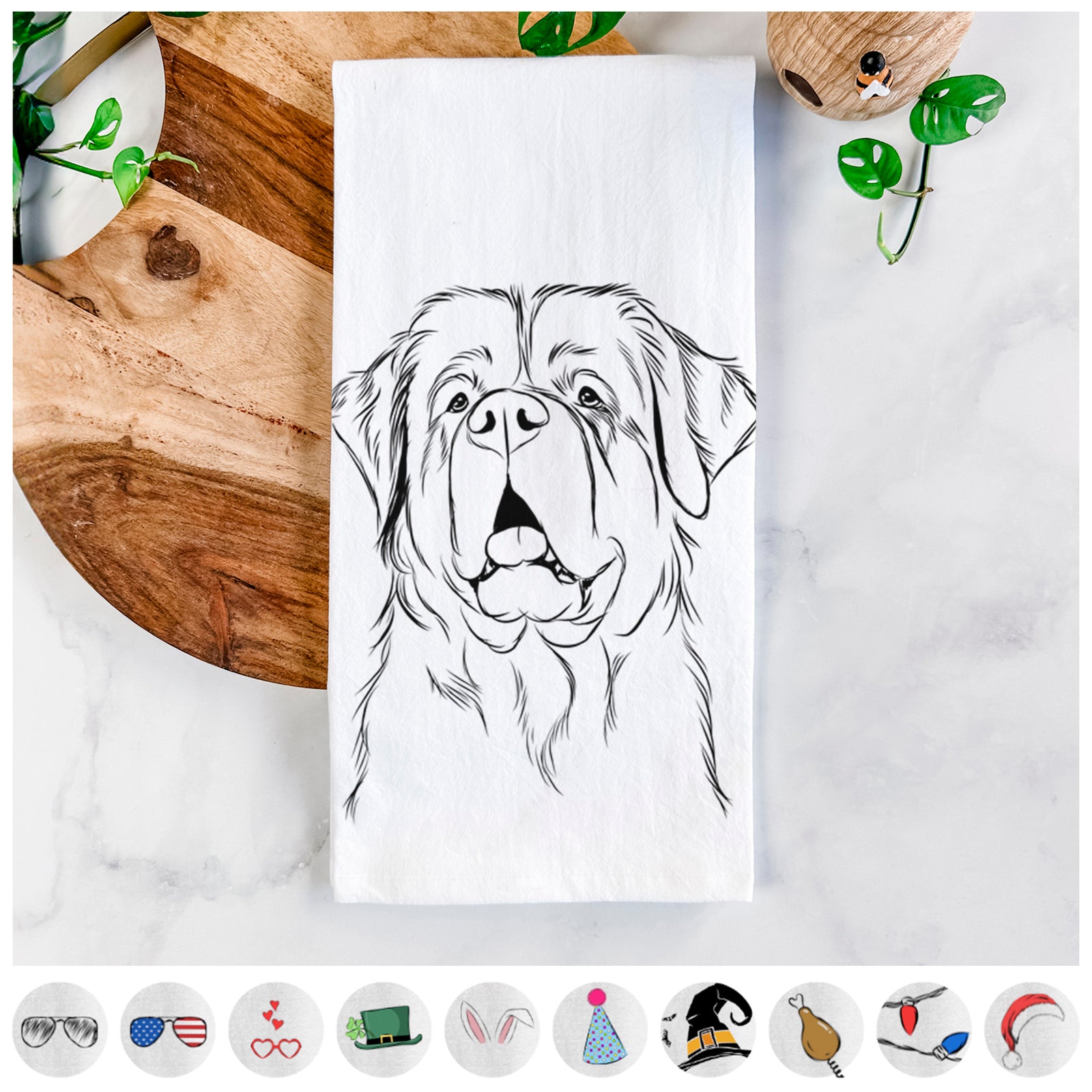 Hand-drawn sketch of Atlas the Saint Bernard on a tea towel, shown with icons of the other available costume styles