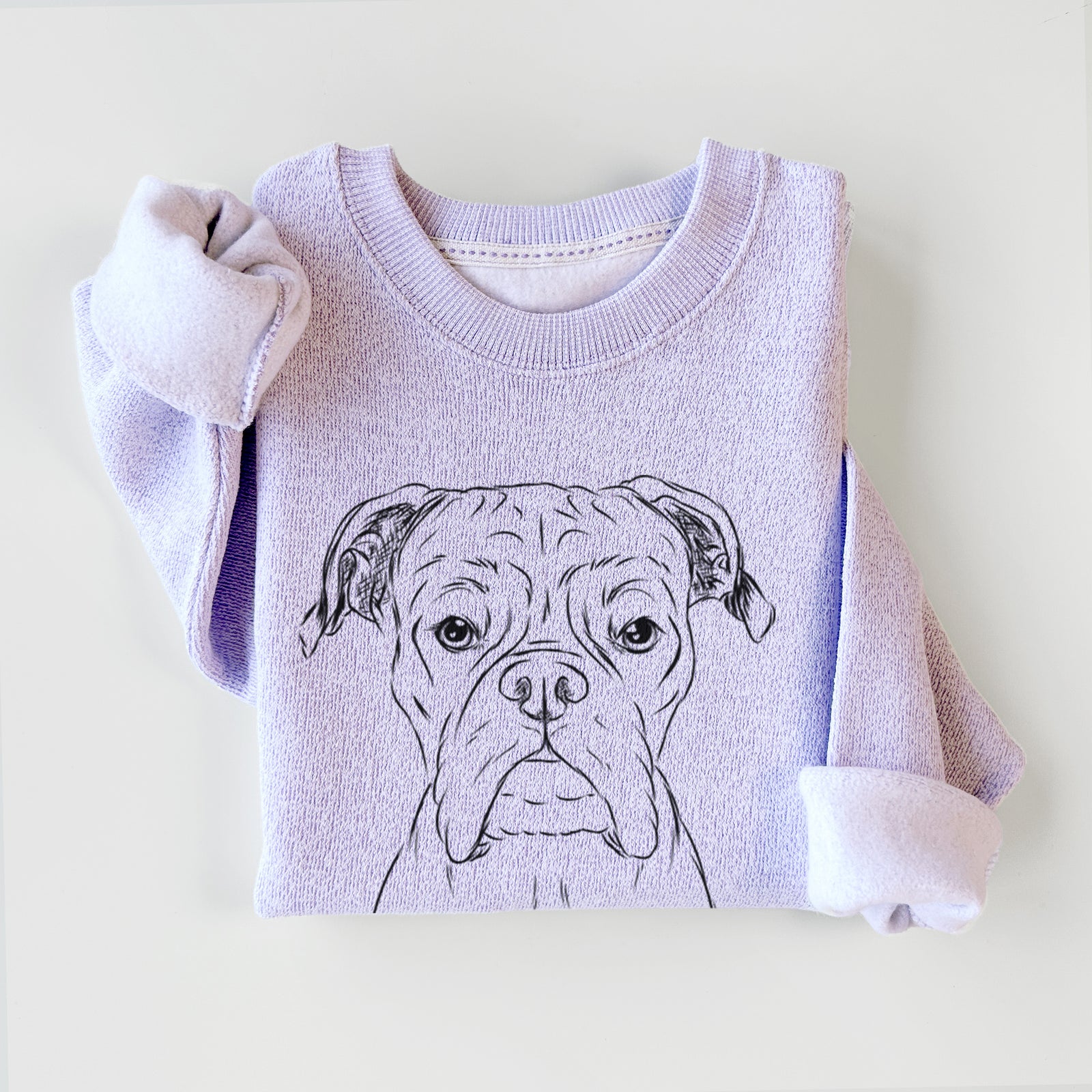 Hand-drawn sketch of Axel the Boxer on an Ice Purple knit sweatshirt