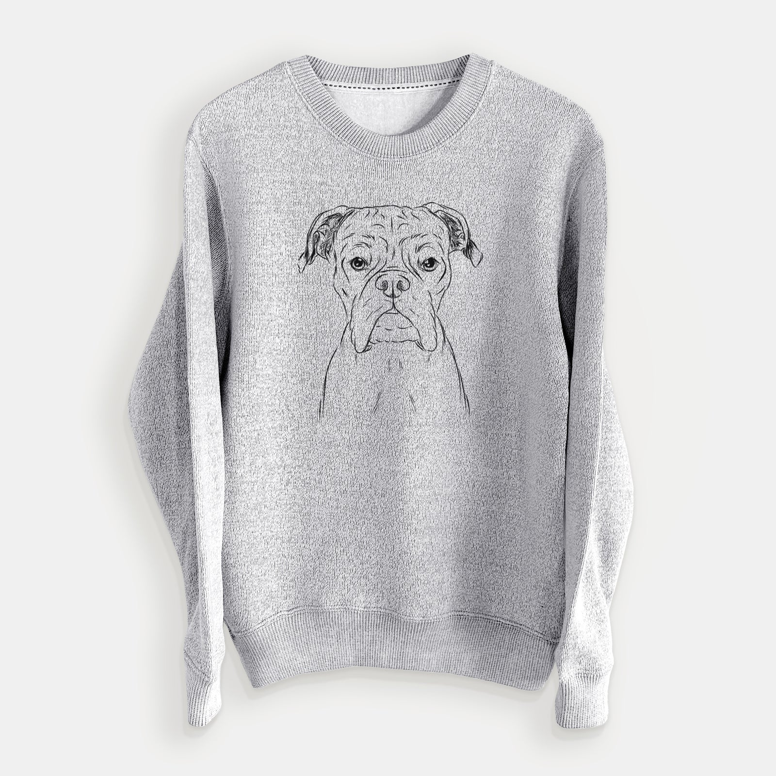 Hand-drawn sketch of Axel the Boxer on a Salt Pepper knit sweatshirt