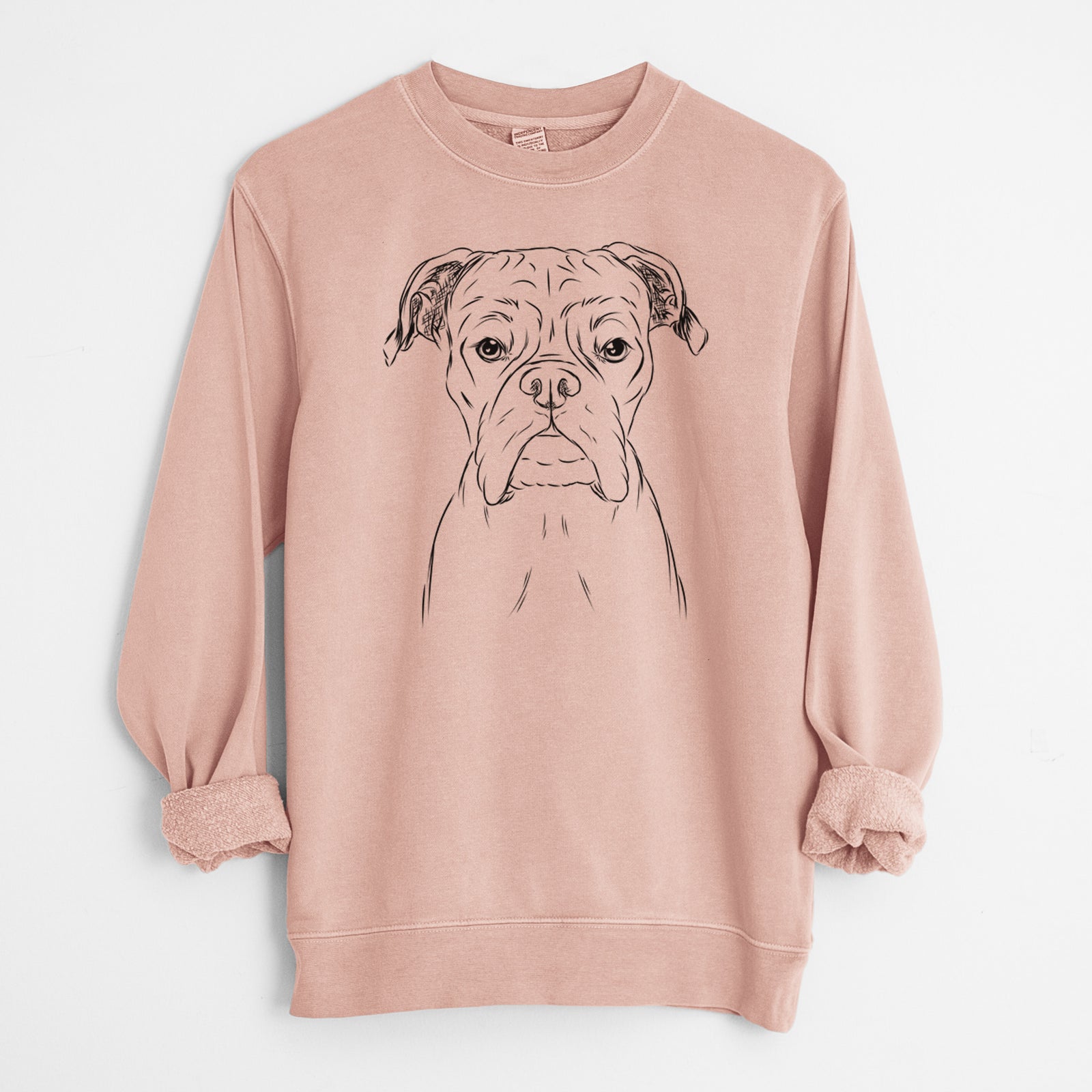 Hand-drawn sketch of Axel the Boxer on a Dusty Pink Unisex pigment dyed crew sweatshirt