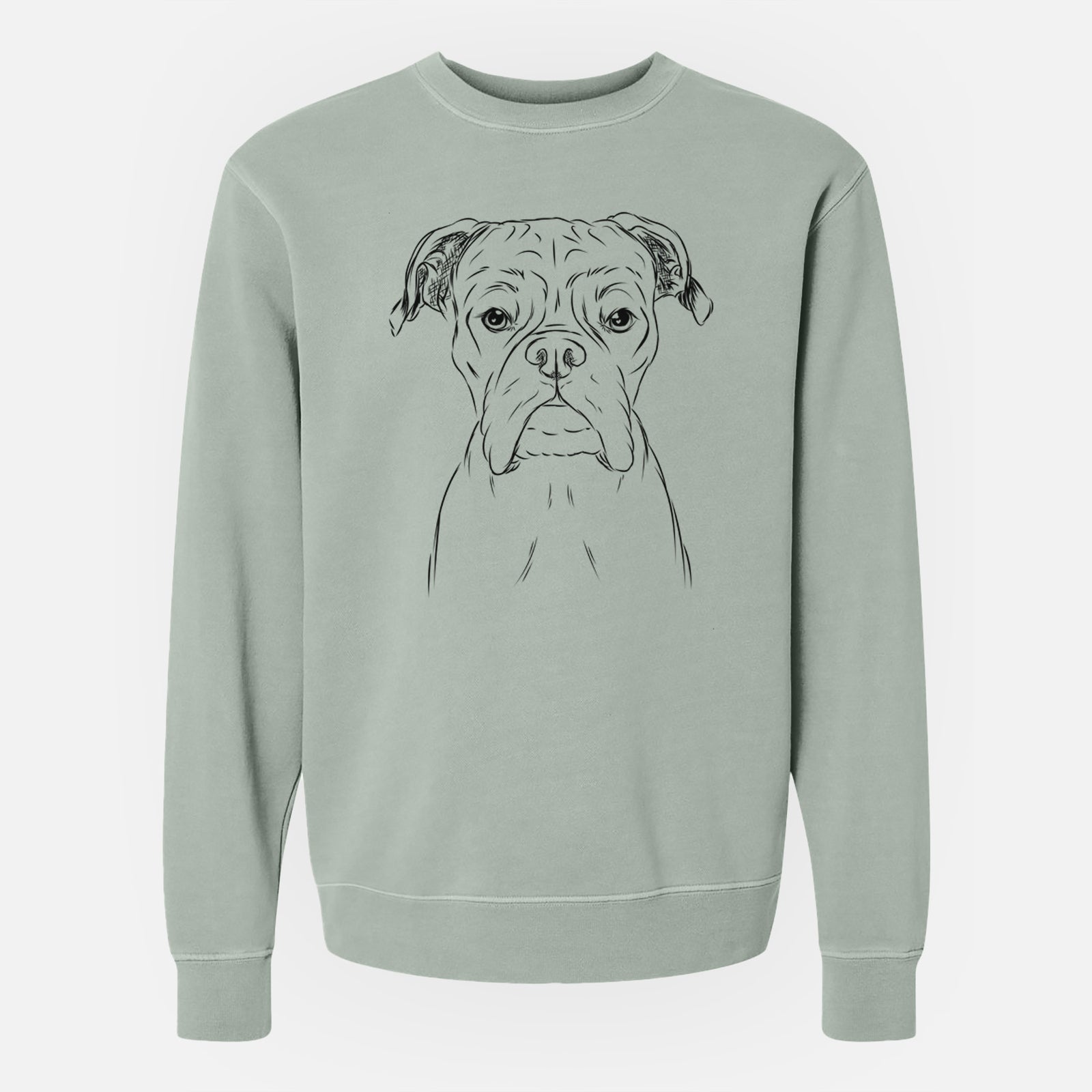 Hand-drawn sketch of Axel the Boxer on a Sage Unisex pigment dyed crew sweatshirt