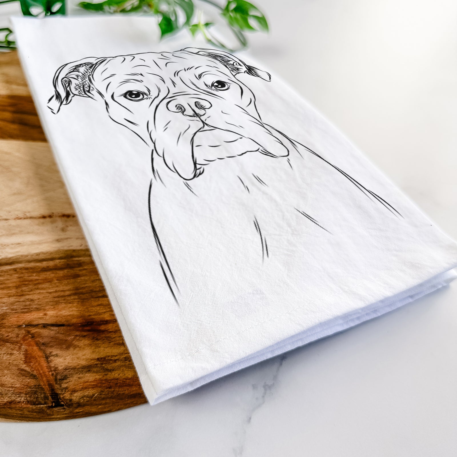 Hand-drawn sketch of Axel the Boxer on a tea towel