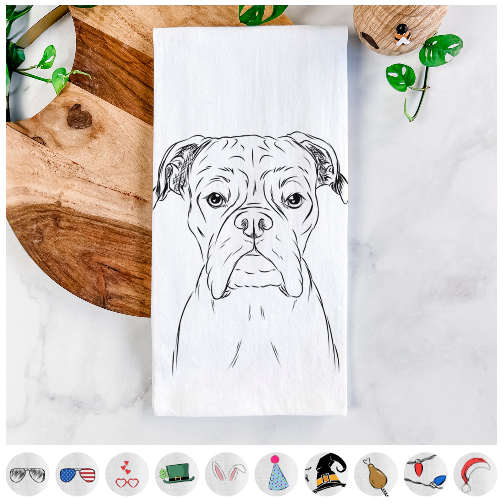 Hand-drawn sketch of Axel the Boxer on a tea towel, shown with icons of the other available costume styles