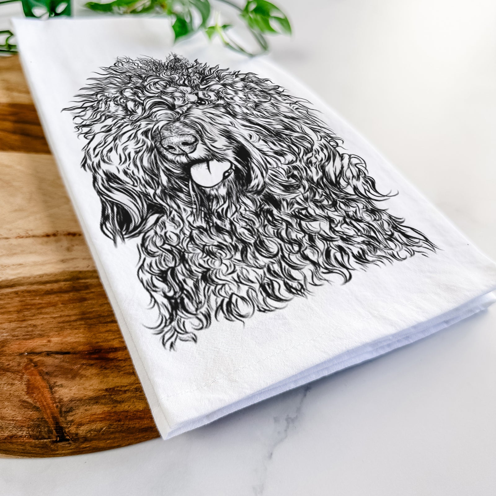 Hand-drawn sketch of Babs the Barbet on a tea towel