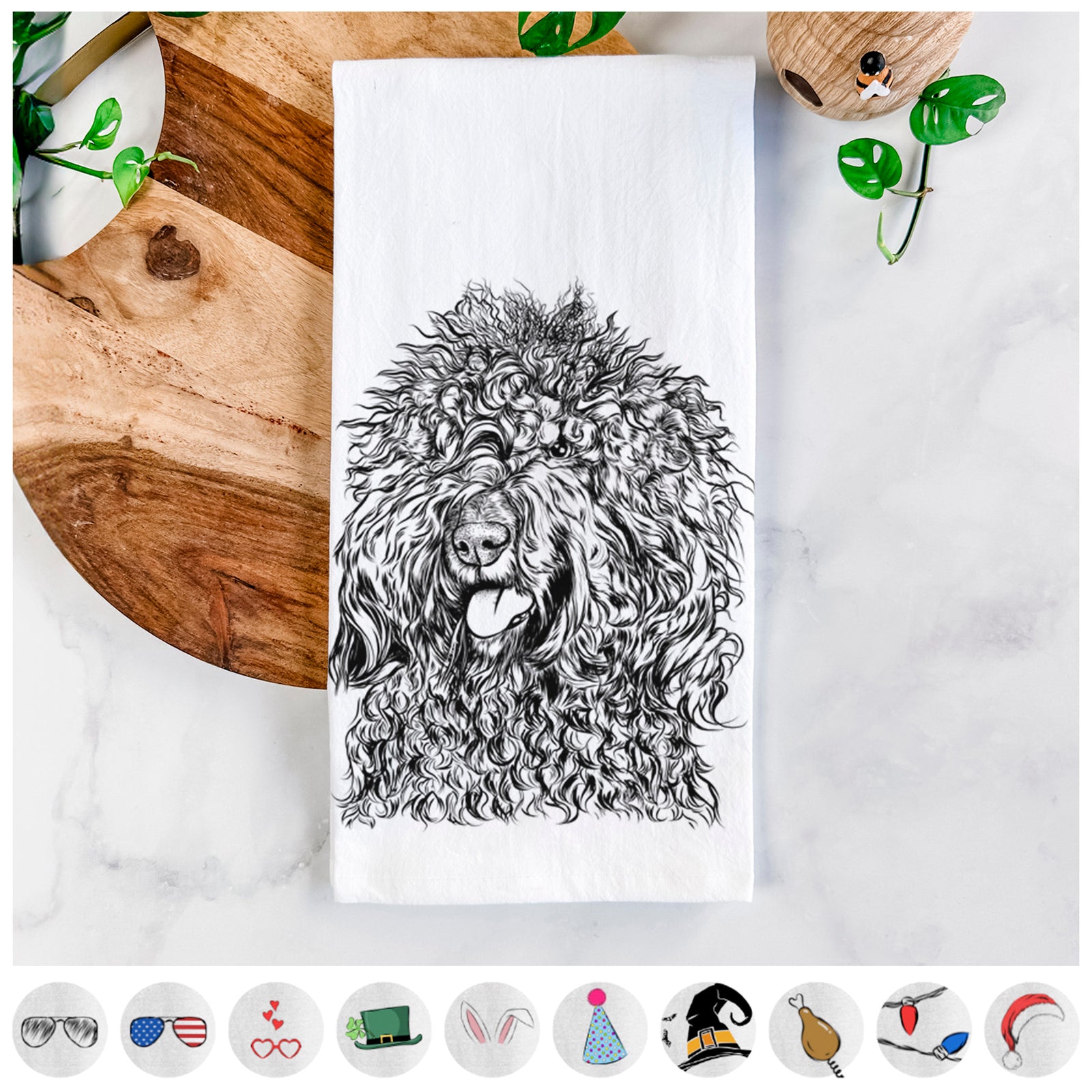 Hand-drawn sketch of Babs the Barbet on a tea towel, shown with icons of the other available costume styles