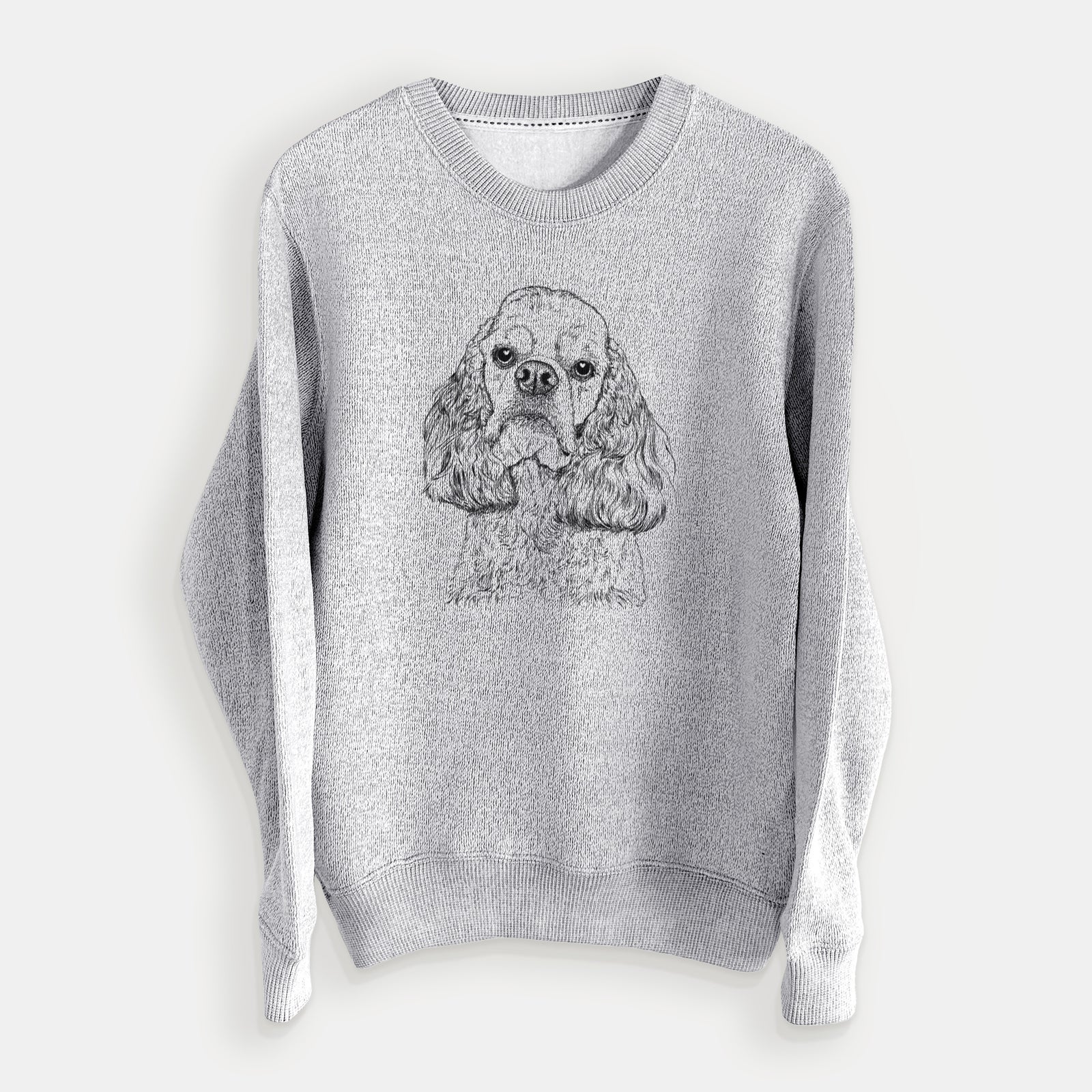 Hand-drawn sketch of Bailey the American Cocker Spaniel on a Salt Pepper knit sweatshirt