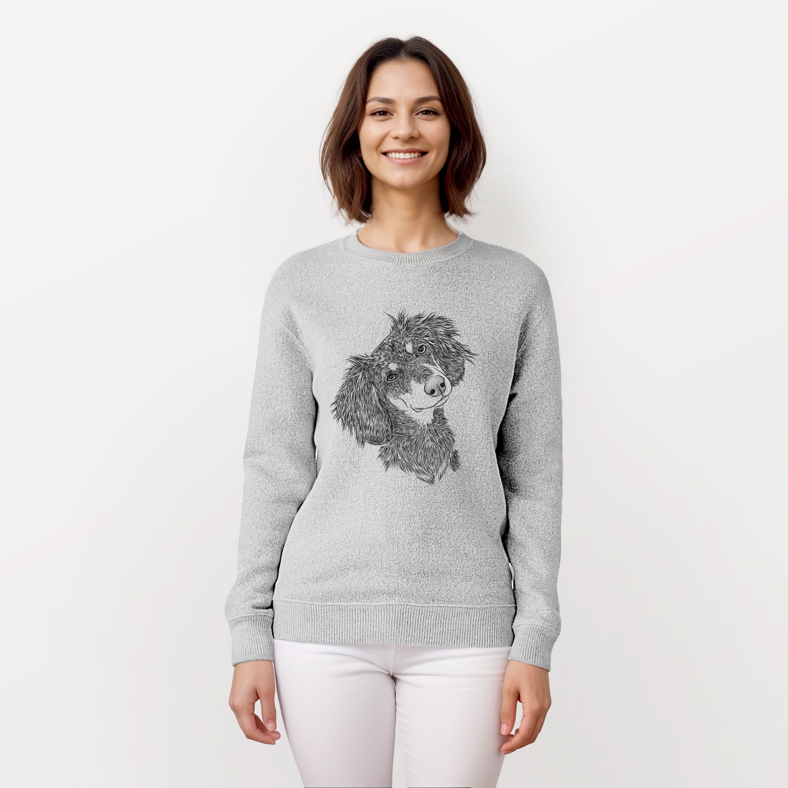 Hand-drawn sketch of Bailey the Long Haired Dachshund on a knit sweatshirt, worn by a woman