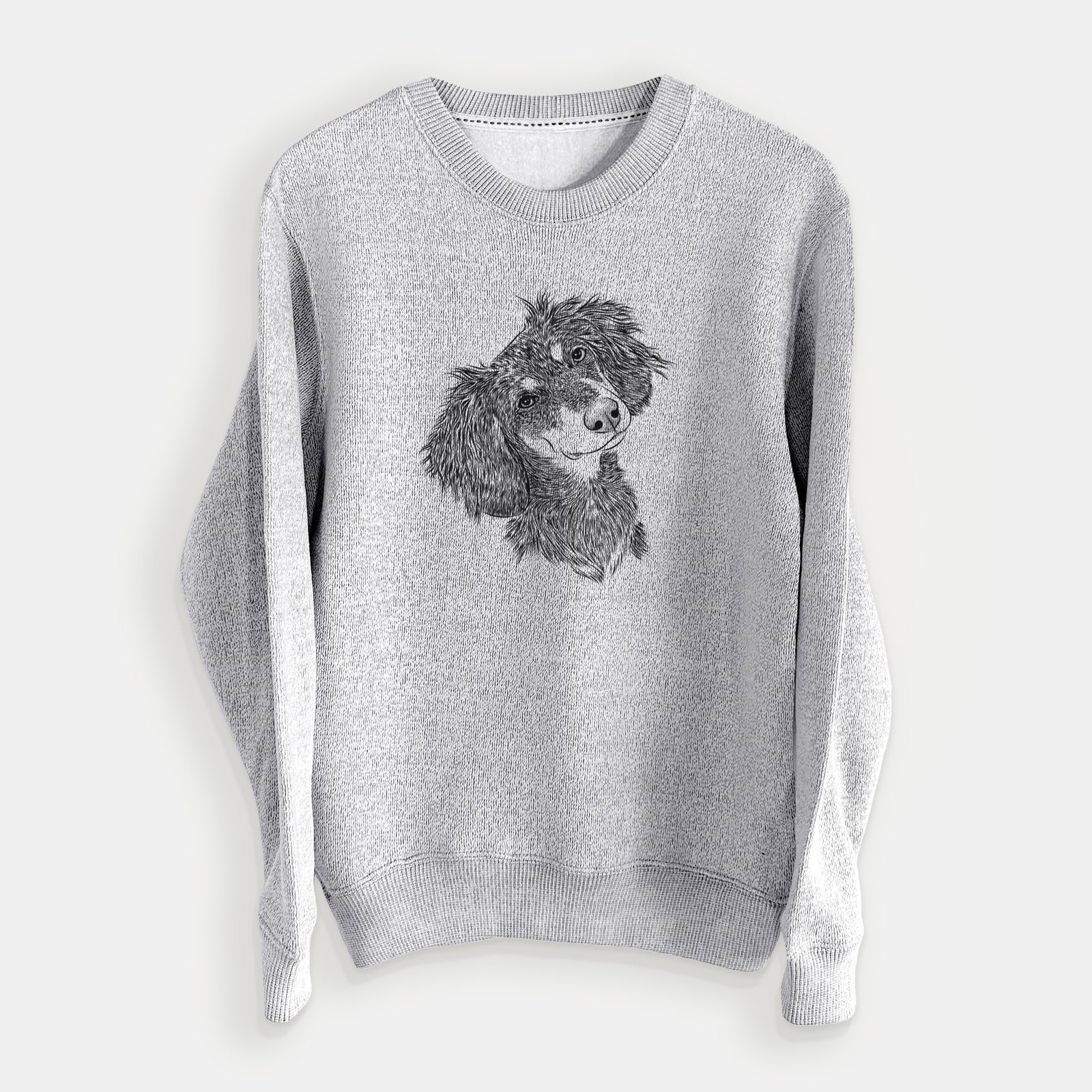 Hand-drawn sketch of Bailey the Long Haired Dachshund on a Salt Pepper knit sweatshirt