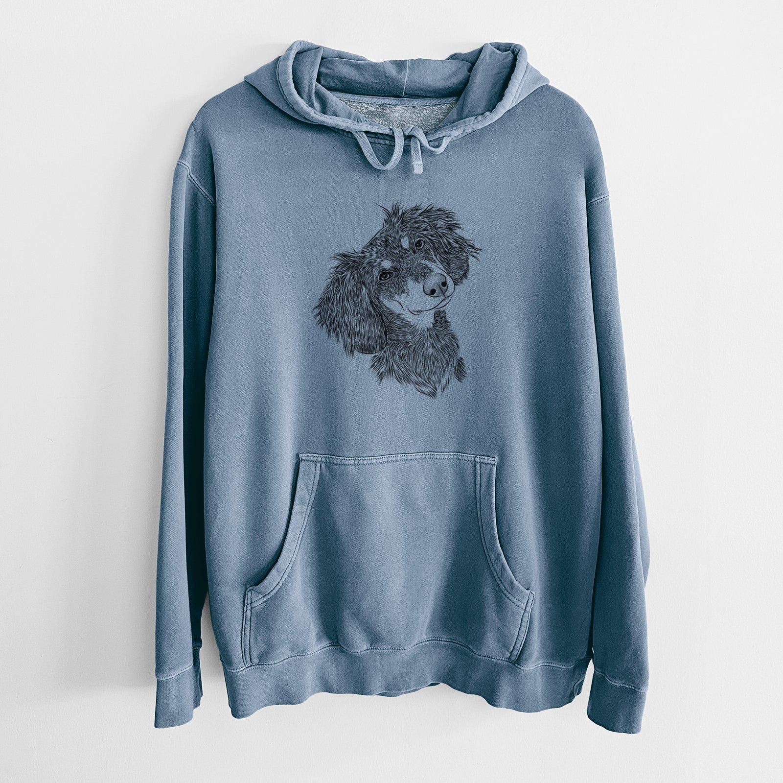 Hand-drawn sketch of Bailey the Long Haired Dachshund on a Slate Blue Unisex pigment dyed hoodie