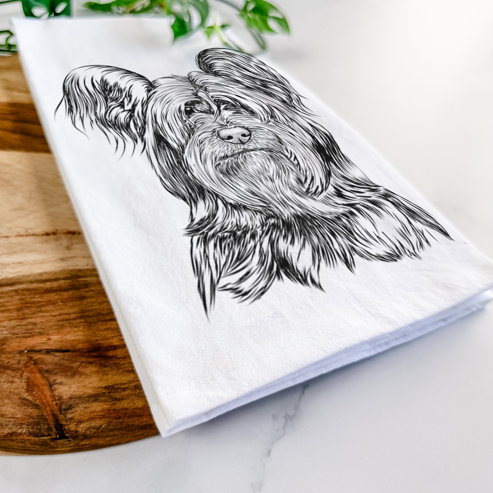Hand-drawn sketch of Bandit the Skye Terrier on a tea towel