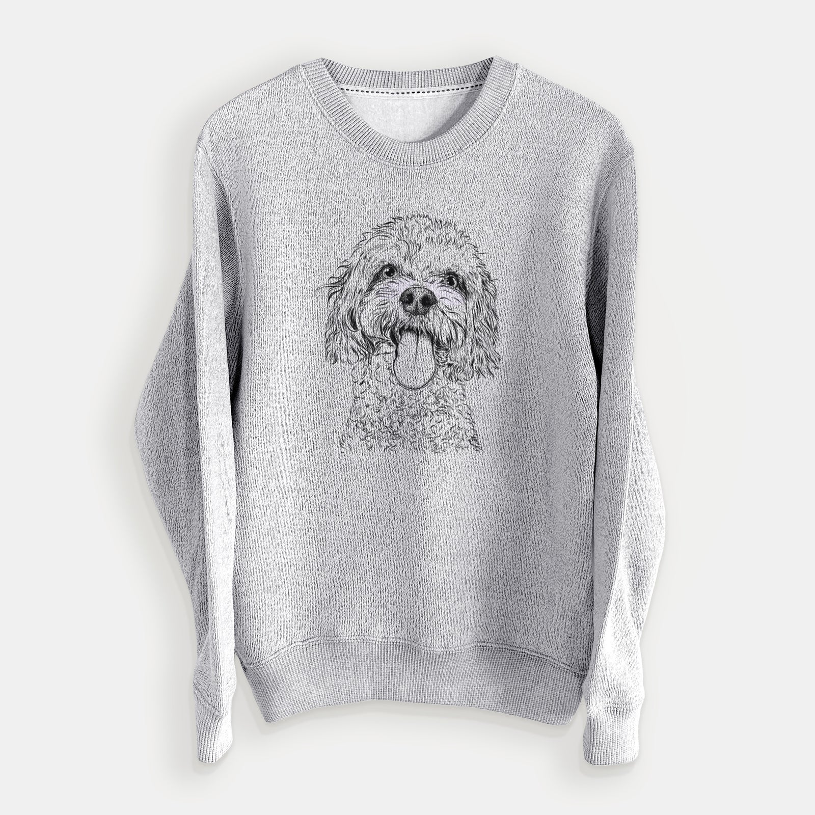 Hand-drawn sketch of Barney the Cavachon on a Salt Pepper knit sweatshirt