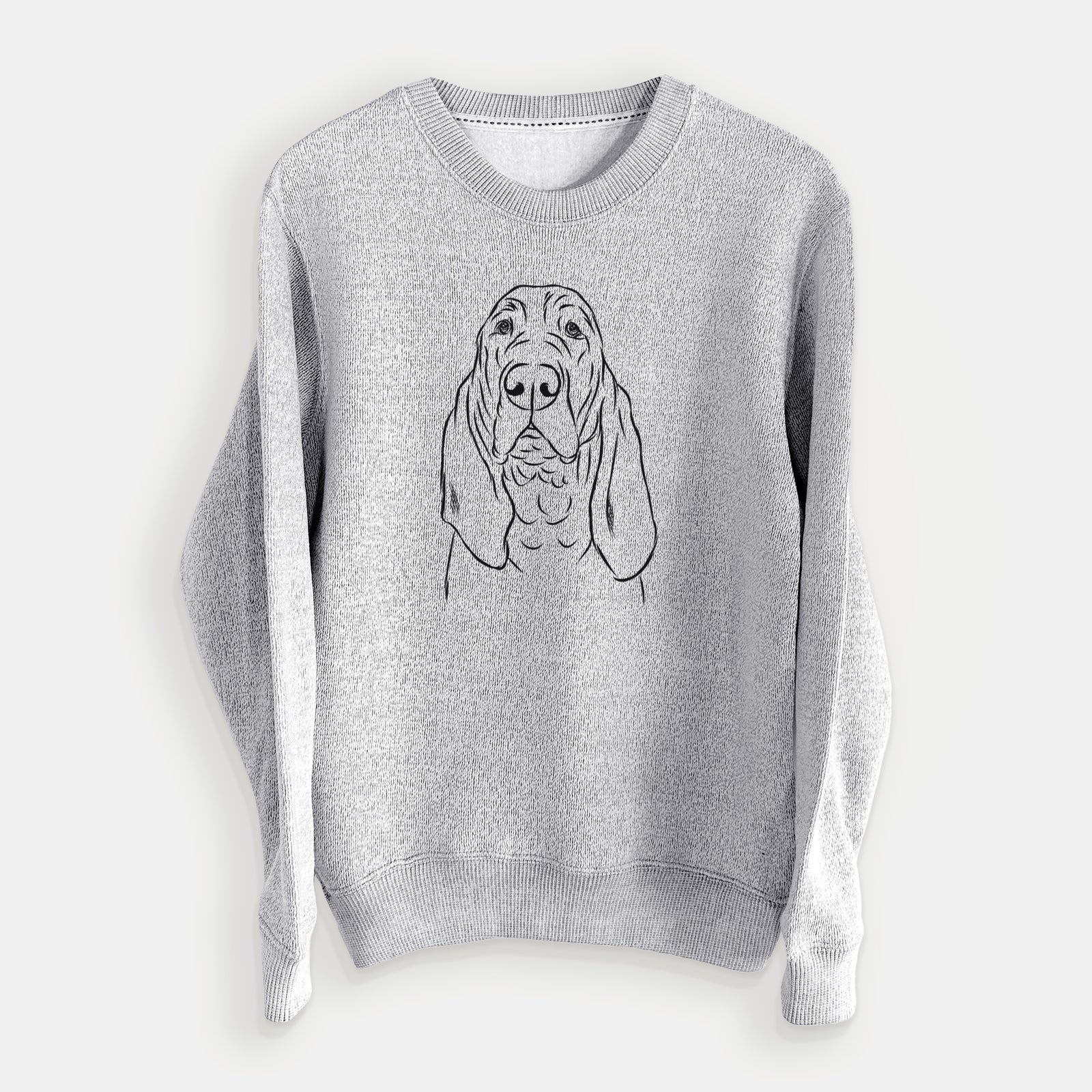 Hand-drawn sketch of Baron the Bloodhound on a Salt Pepper knit sweatshirt