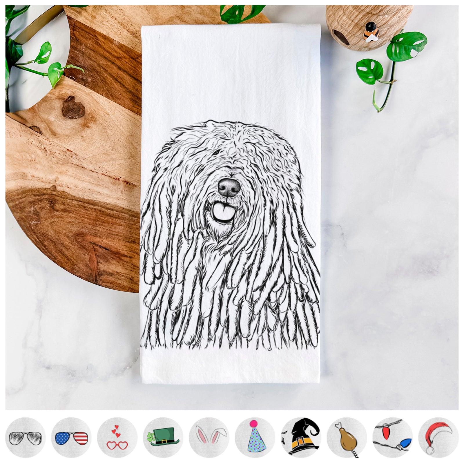 Hand-drawn sketch of Barry the Komondor on a tea towel, shown with icons of the other available costume styles
