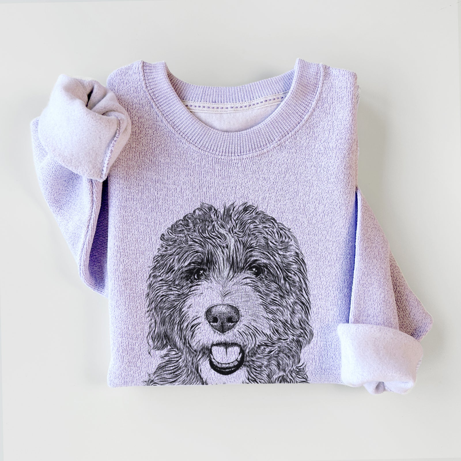Hand-drawn sketch of Bash the Bernedoodle on an Ice Purple knit sweatshirt