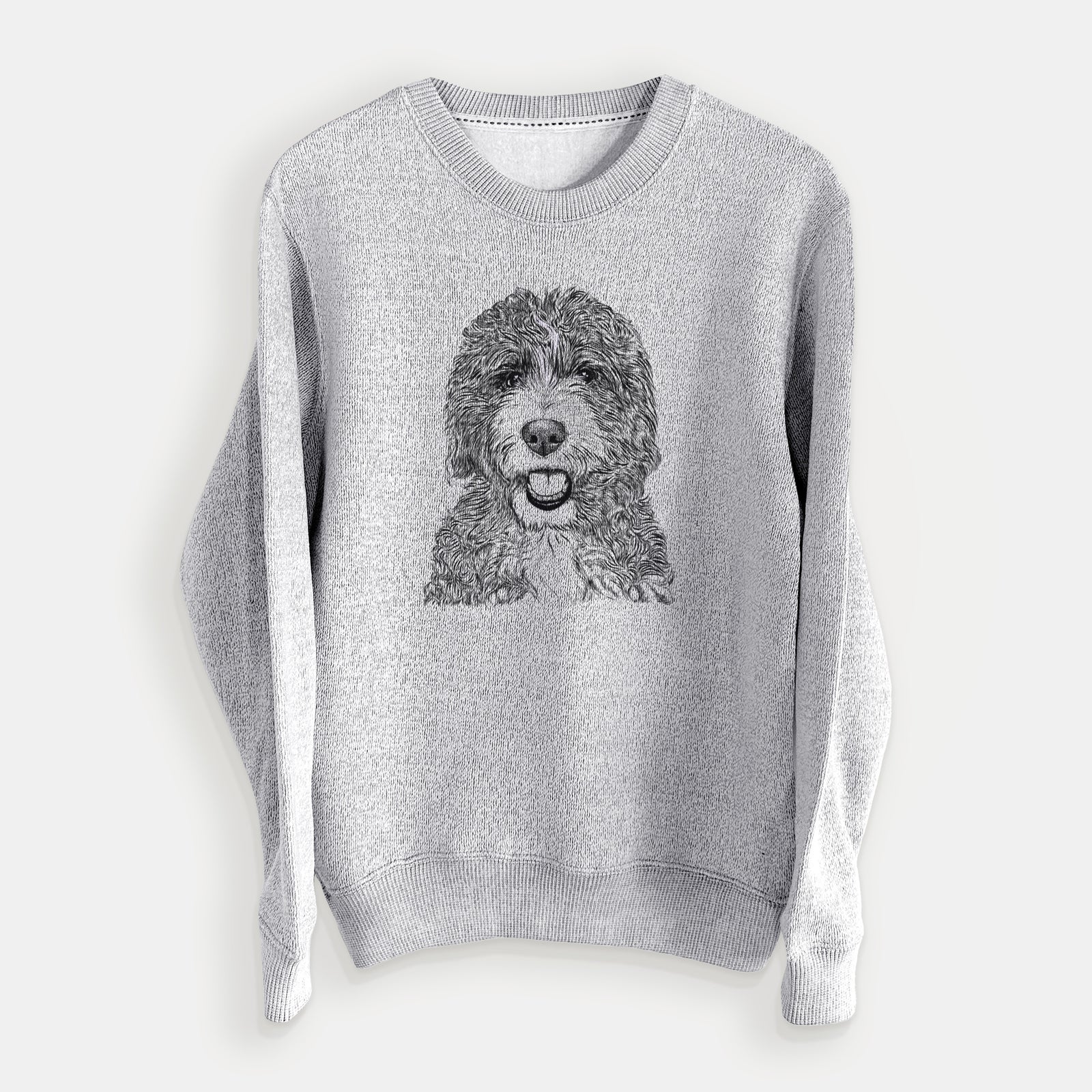 Hand-drawn sketch of Bash the Bernedoodle on a Salt Pepper knit sweatshirt